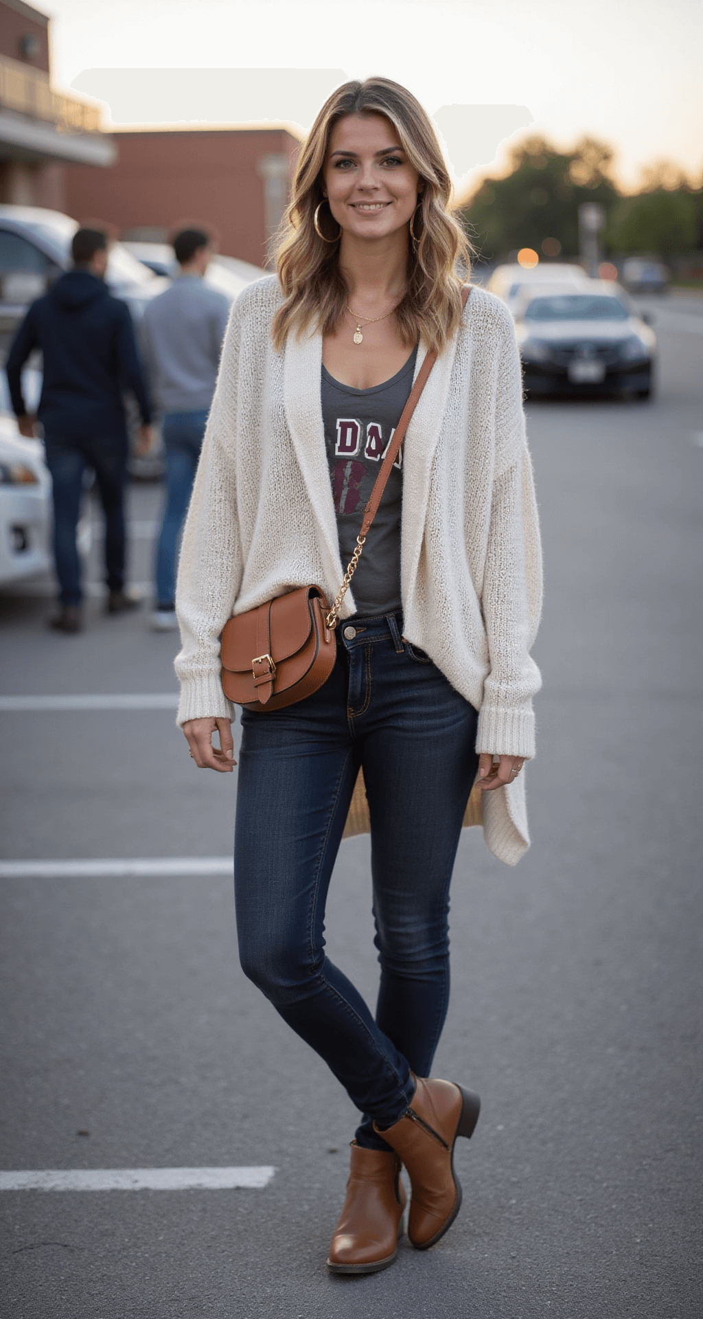 10 Cute & Comfy College Football Game Day Outfits You'll Actually Want to Wear A vibrant stadium parking lot tailgate scene at magic hour, featuring a woman in a cream chunky cardigan over a team color tank top and dark wash straight-leg jeans. She wears brown leather ankle boots and carries a matching crossbody bag. Her hair is styled in effortless waves, all captured with a soft bokeh effect that enhances the pre-game atmosphere.