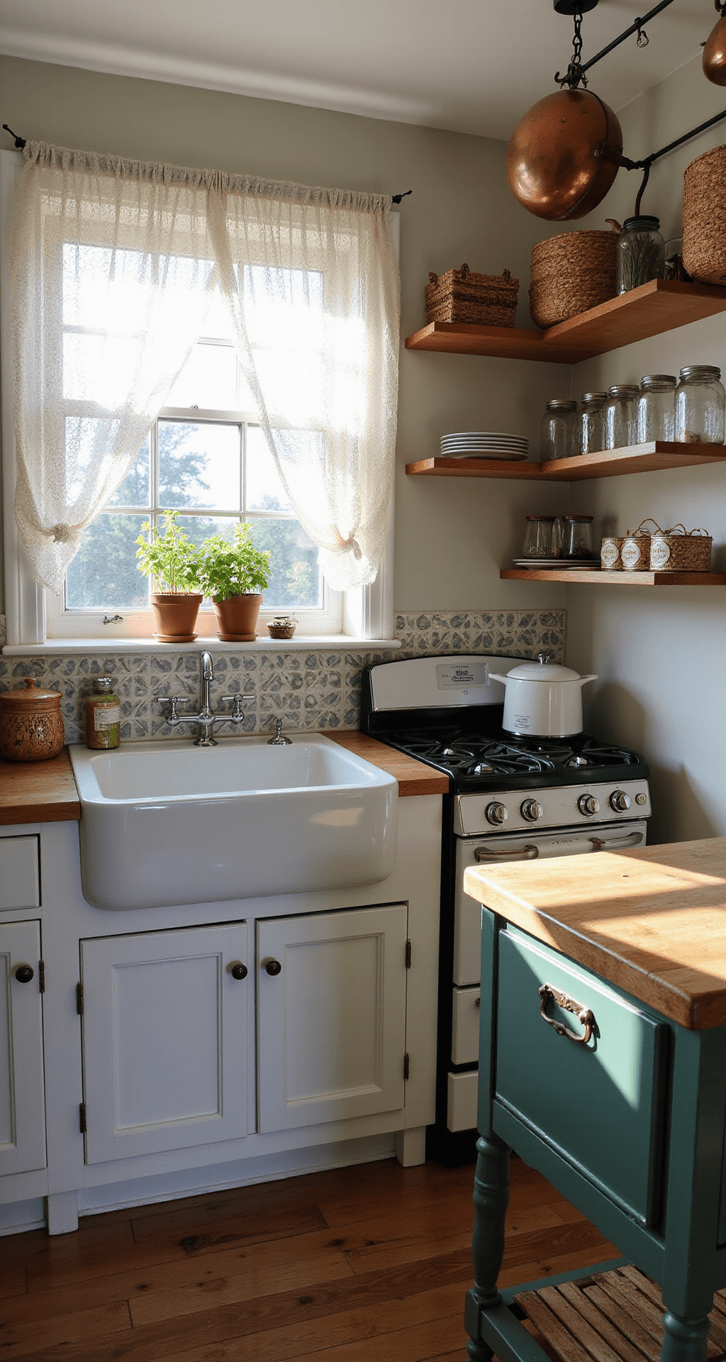 An intimate cottage kitchen in Bloxburg, featuring white shaker cabinets, open shelving, and a farmhouse sink under a window with herb pots. Early morning light filters through lace curtains, illuminating a vintage enamel stove, a small wooden island with a butcher block top, and hanging copper pots. A patterned tile backsplash adds color, while woven baskets and Mason jars decorate the shelves. The image captures the rustic charm and functional layout from a high corner perspective.