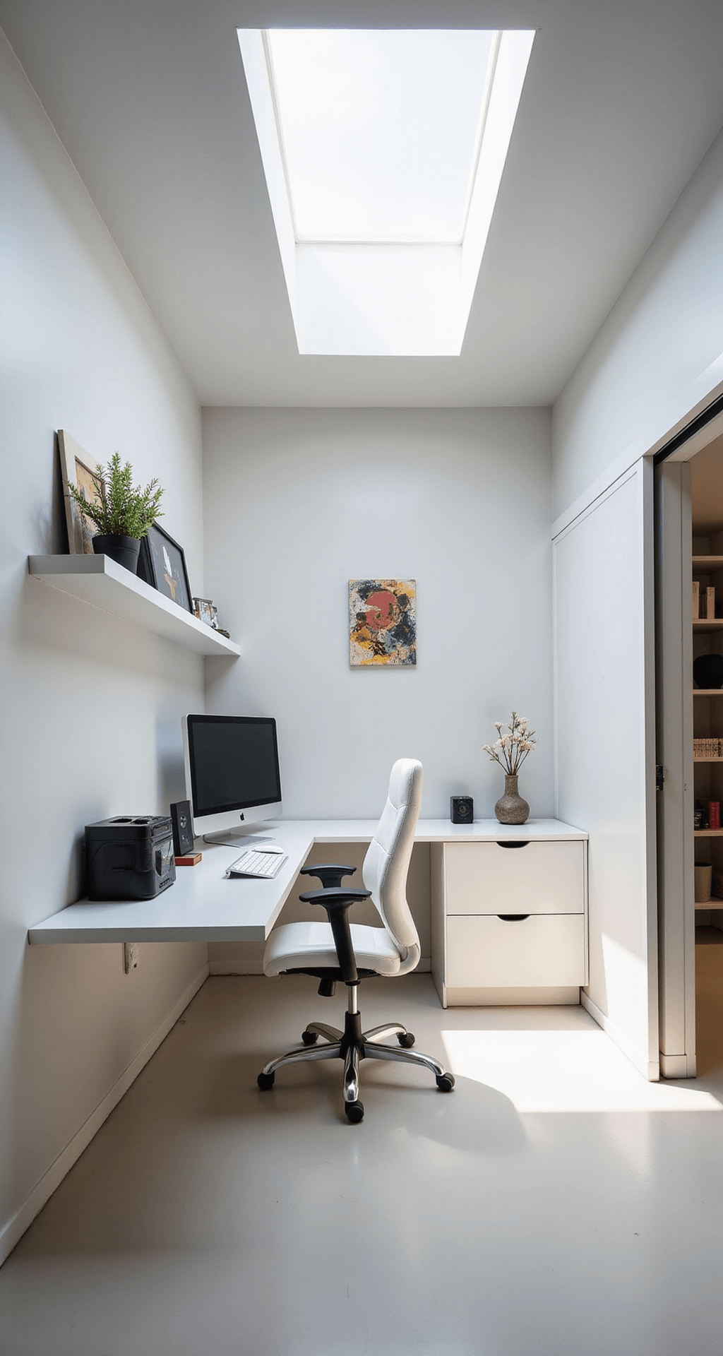 A minimalist gaming room with a floating desk and all-white setup bathed in afternoon light, featuring a collection of gaming memorabilia on a shelf, built-in storage with a sliding ladder, and an oversized abstract artwork adding color to the light grey decor.