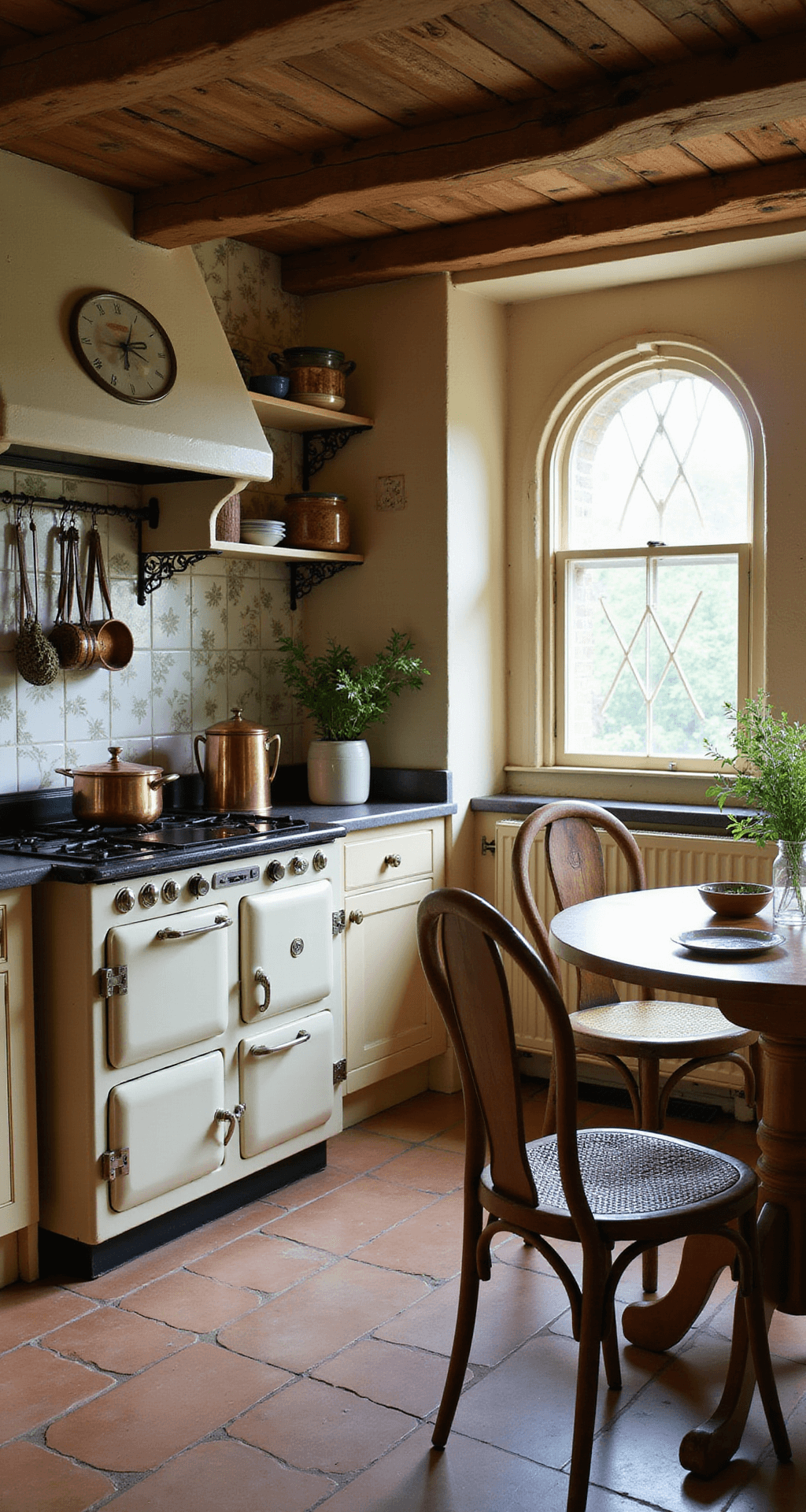 A cozy fairy-tale cottage kitchen with curved doorways, rough-hewn ceiling beams, and early morning light streaming through diamond-paned windows. Features a vintage cream enamel AGA range, open shelving with copper cookware, worn terracotta tiles, botanical wallpaper, and dried herbs hanging from a pot rack. Mismatched chairs surround a circular breakfast table, all captured from a corner perspective in soft, warm lighting.