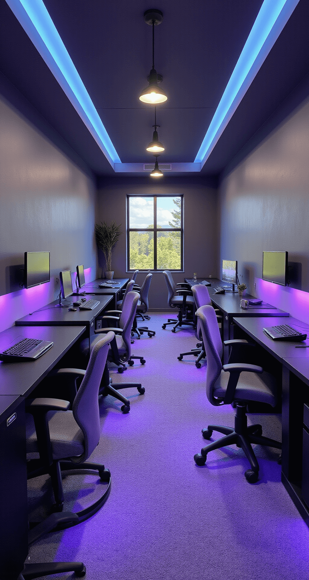 Expansive gaming lounge with four collaborative gaming stations, featuring height-adjustable desks with purple LED underlighting, gray mesh chairs, wall-mounted TVs, and a balance of natural and ambient lighting.