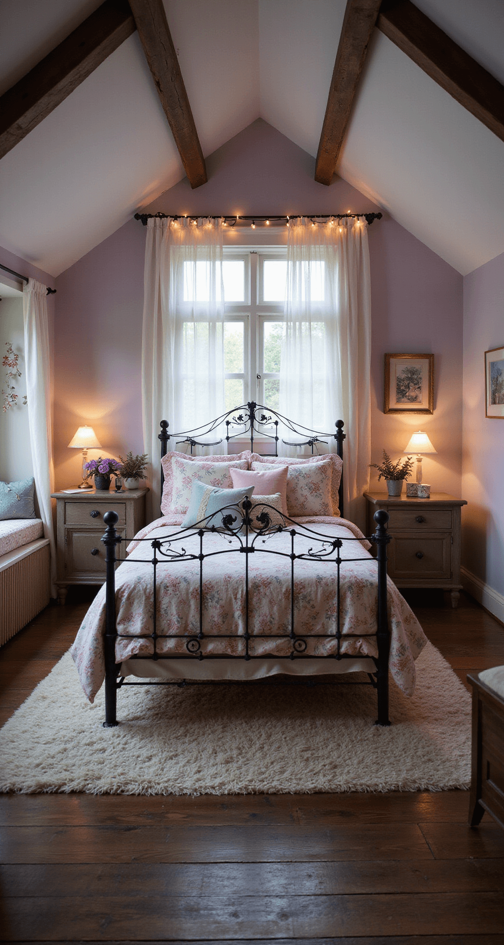 A cozy and whimsical Bloxburg cottage bedroom featuring sloped ceilings and dormer windows, with a wrought iron bed dressed in vintage floral linens, mismatched nightstands, a plush window seat, pale lavender walls, dark wood flooring, a plush area rug, and fairy lights strung across exposed rafters, all illuminated by soft twilight.