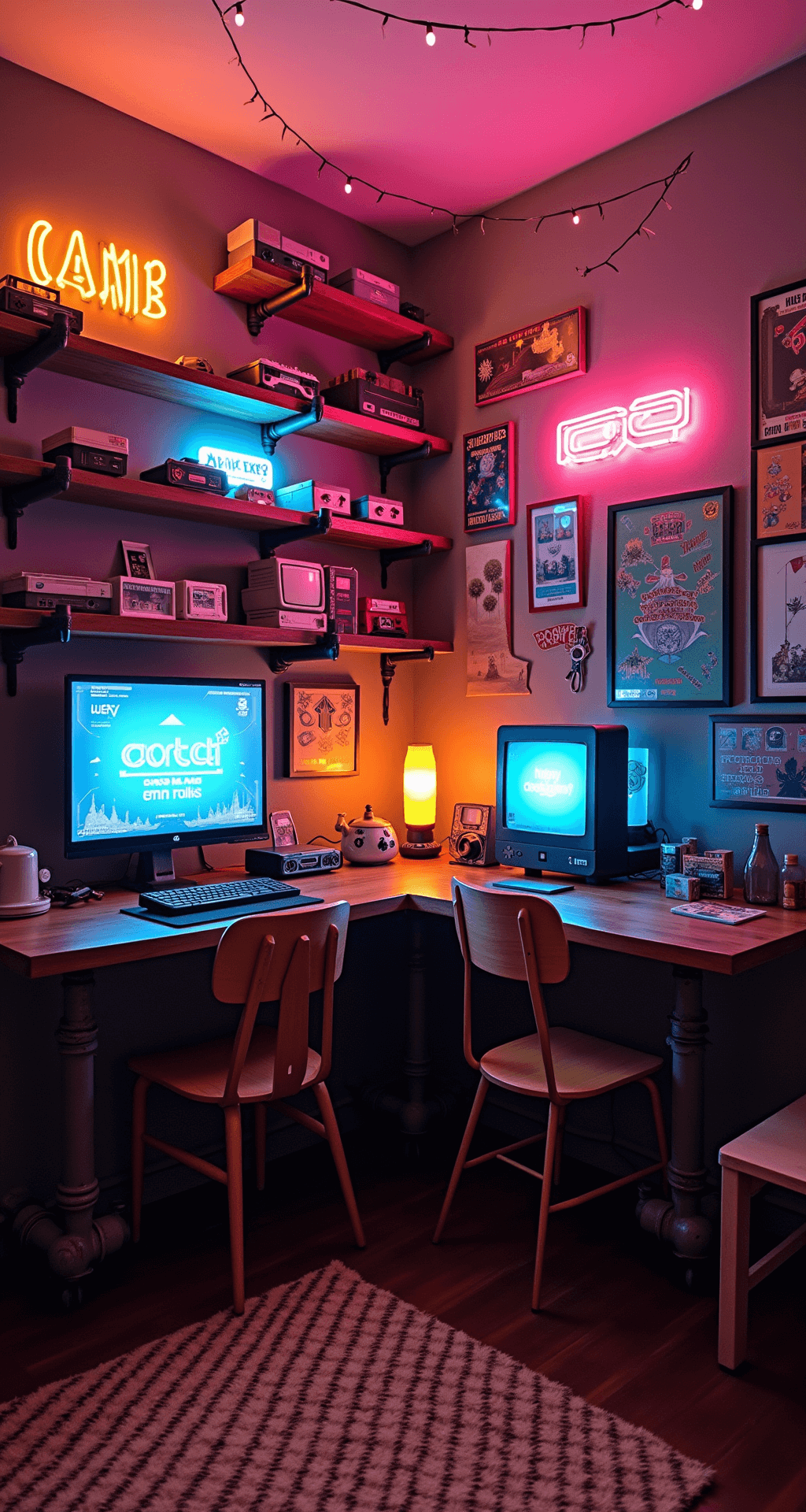 A cozy retro-inspired gaming room featuring vintage consoles on industrial shelving, a modern gaming PC on a reclaimed wood desk, neon signs, a lava lamp, and string lights, with colorful pixel art and posters adorning the walls, all captured in a wide-angle shot that highlights the nostalgic atmosphere.