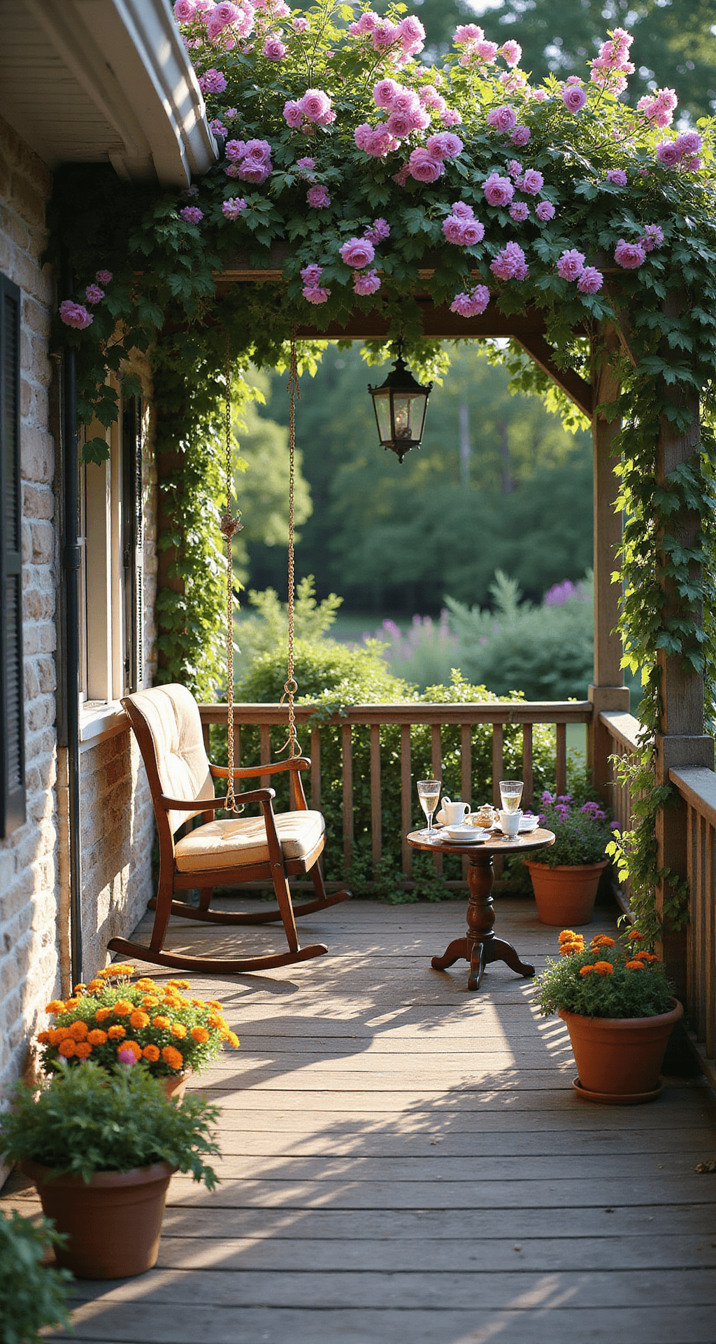 A cozy Bloxburg cottage porch adorned with climbing roses and wisteria, featuring a swingset and vintage rocking chair, bathed in late morning sunlight and surrounded by a colorful garden.