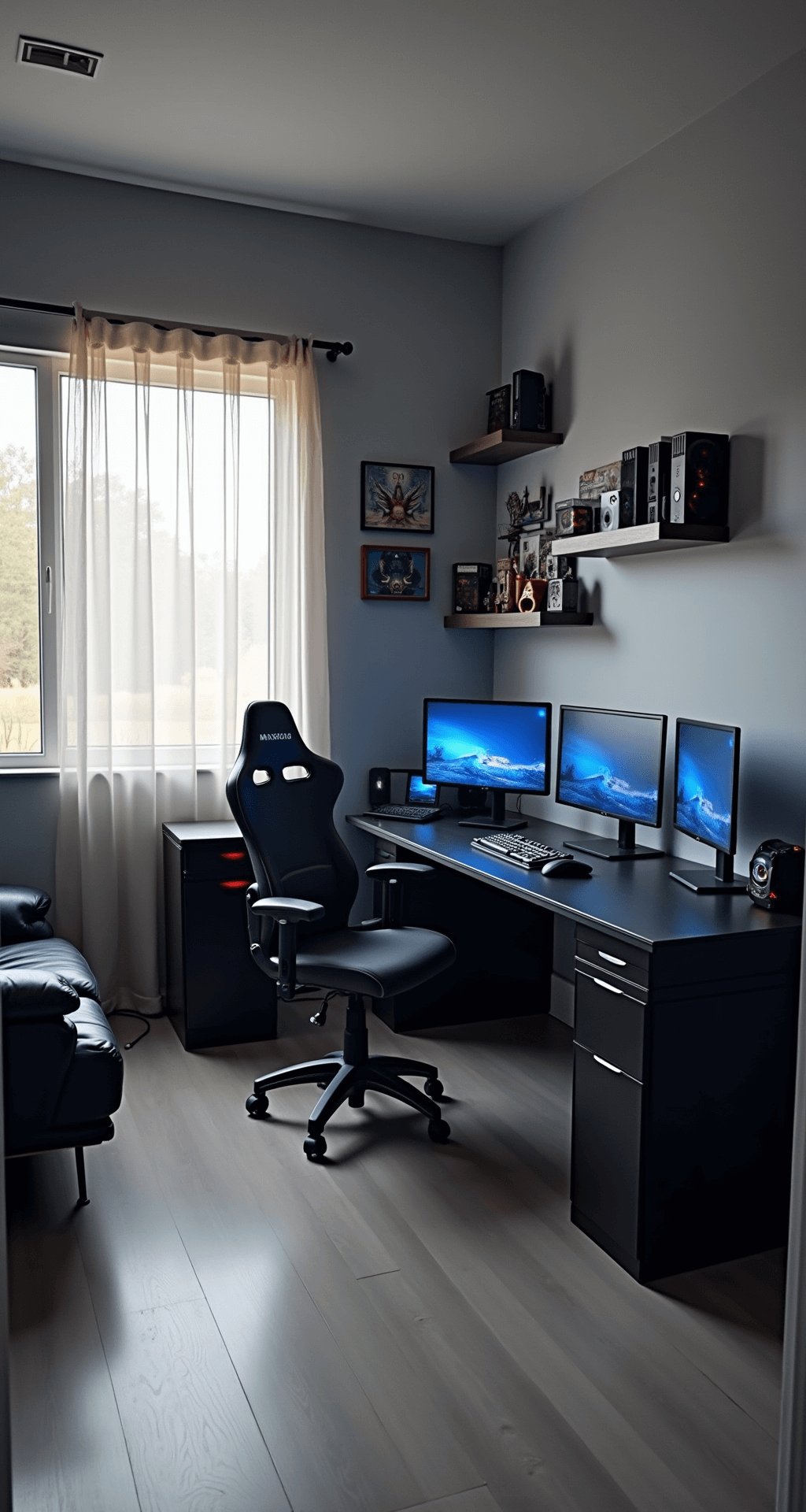 A modern minimalist gaming room featuring a sleek black L-shaped desk with a triple monitor setup and a custom PC, illuminated by soft afternoon light through sheer curtains, with cool gray walls and floating shelves of gaming memorabilia.