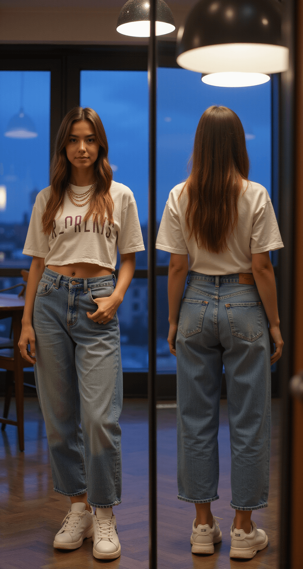 NBA Game Outfits: What to Wear to Feel Like a Total Boss at the Game A person stands in an industrial-chic apartment during blue hour, wearing relaxed straight-leg jeans, a cropped tee, and chunky white sneakers. Dainty gold chains adorn the neckline. The ambiance is illuminated by modern pendant lamps, and a full-length mirror captures both the front and back views of the outfit.