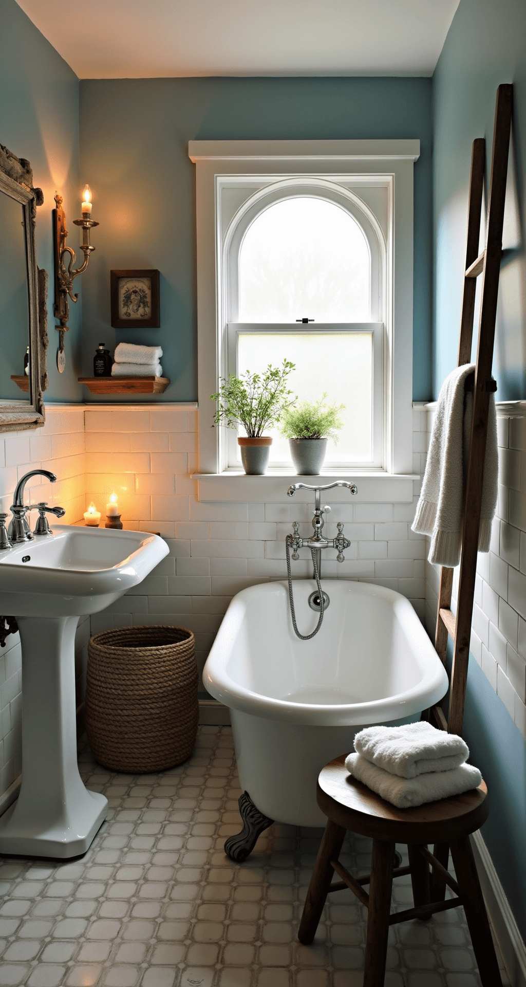 A cozy Bloxburg cottage bathroom featuring a clawfoot tub, white subway tiles, and soft candlelight. A vintage mirror and frosted round window enhance the serene atmosphere, while woven baskets store fluffy towels and a ladder shelf displays apothecary jars and ferns. A distressed wooden stool holds bath essentials beside the tub, all set against pale blue walls.