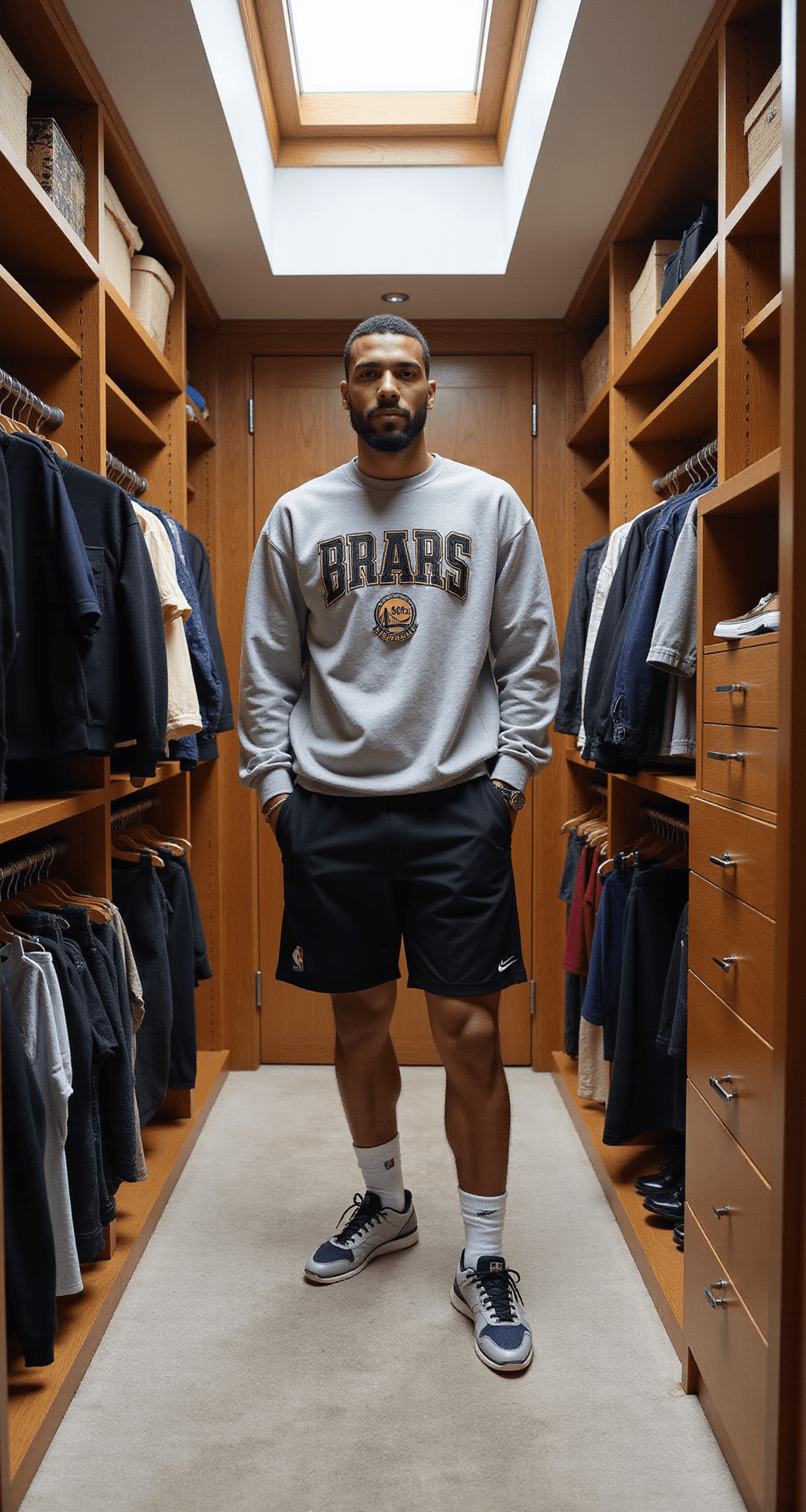 NBA Game Outfits: What to Wear to Feel Like a Total Boss at the Game Warm and inviting walk-in closet showcasing organized NBA team merchandise alongside everyday pieces, with a central focus on bike shorts and an oversized team sweatshirt, accessorized with white athletic socks and premium sneakers, illuminated by natural light from a skylight.