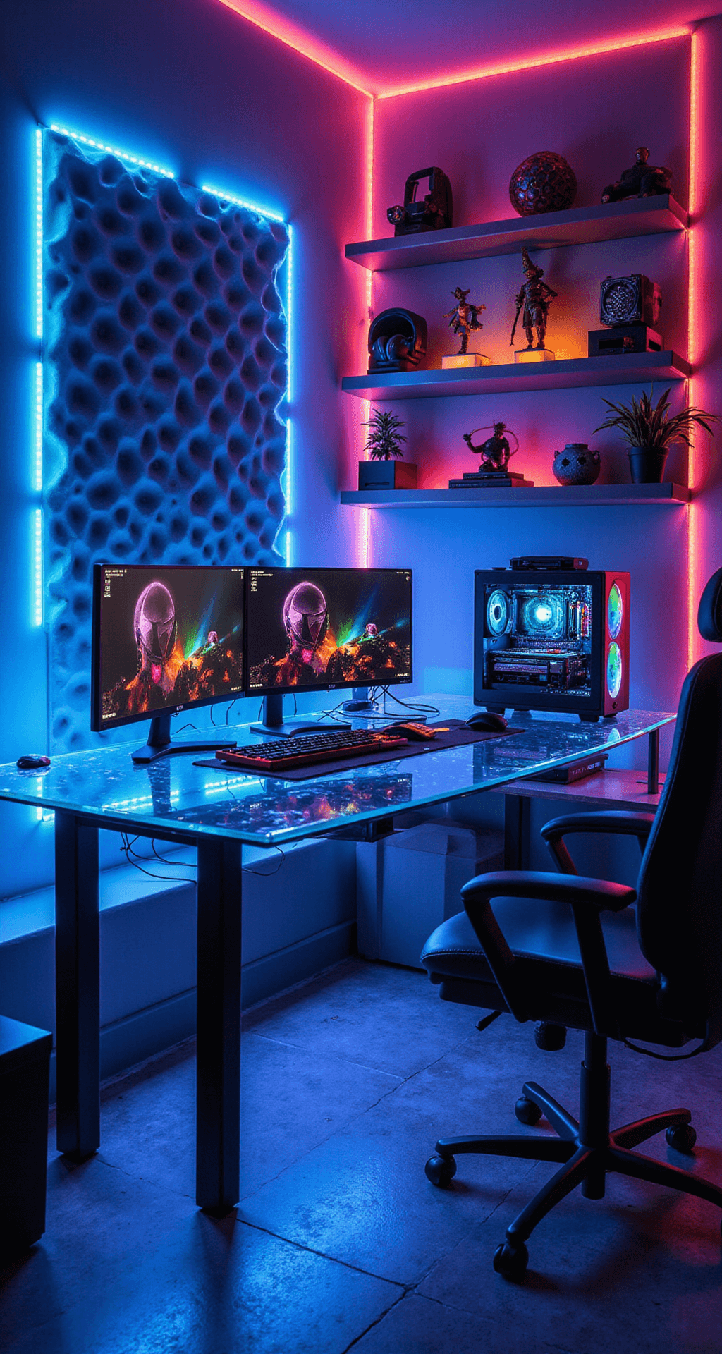 An immersive RGB gaming setup featuring a glass desk with a transparent gaming PC, dual ultrawide monitors, and a backlit mechanical keyboard, set in an 8x10ft space with color-changing LED strips and hexagonal acoustic panels, captured from a low angle.