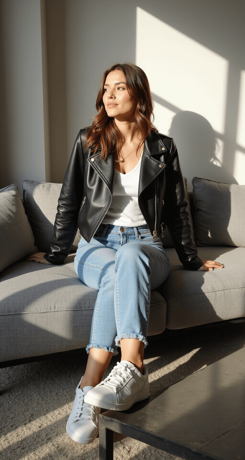 NBA Game Outfits: What to Wear to Feel Like a Total Boss at the Game A casually dressed person sits on a modern gray sofa in a contemporary living room corner, with late afternoon sunlight casting geometric shadows. They wear mom jeans, a tucked-in jersey, and a cropped leather jacket, while statement sneakers are propped on an industrial coffee table. The shot is taken from a low angle, emphasizing the outfit's layering and casual sophistication.