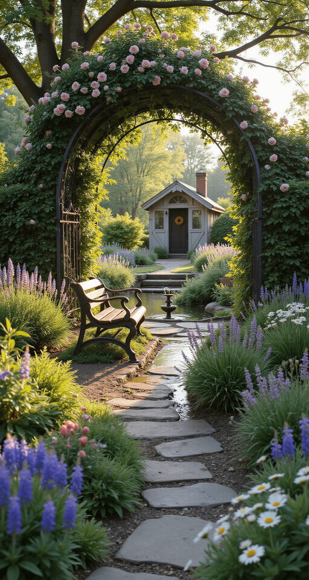 An enchanting Bloxburg cottage garden at golden hour, featuring a wrought iron arch with climbing roses, a rustic wooden bench under an apple tree, and vibrant flower beds of lavender, daisies, and foxgloves. A serene pond with a fountain attracts wildlife, while winding stone paths lead to a quaint potting shed, all encapsulating a fairy tale charm.