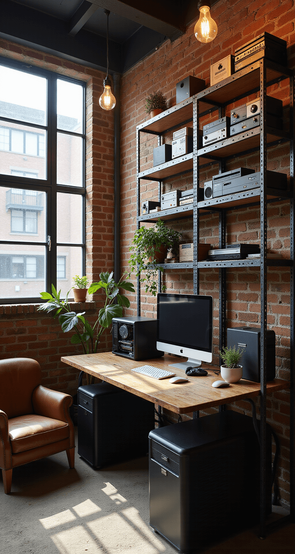 A cozy industrial chic gaming room in a converted loft, featuring exposed brick walls, steel beams, and sunlight streaming through large windows. A reclaimed wood desk with a gaming rig sits center stage, flanked by vintage metal shelves housing gaming consoles. Edison bulb lights illuminate the space, with a leather armchair in the corner for reading.