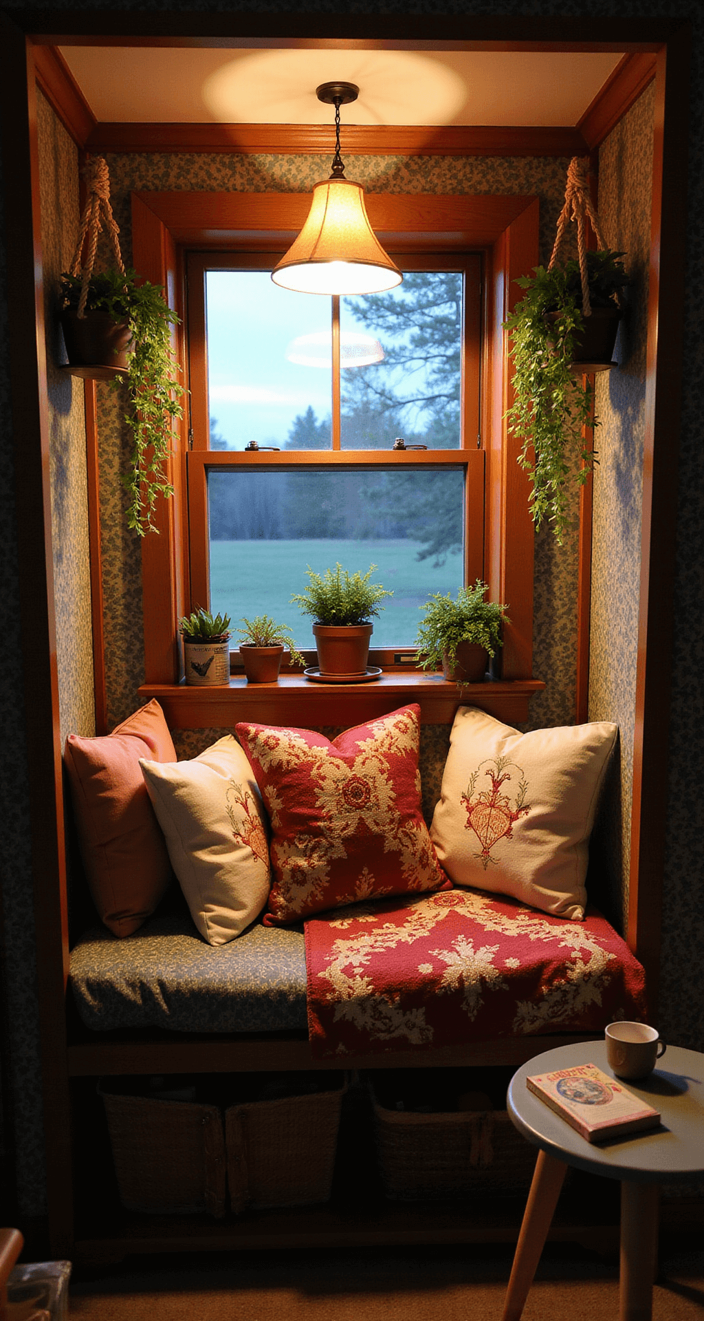 A cozy Bloxburg cottage reading nook in a 6x4 foot alcove, featuring warm lamplight, built-in bookshelves, a cushioned window seat with quilts and pillows, trailing plants, a side table with a steaming mug and vintage book, and rich jewel-toned wallpaper.