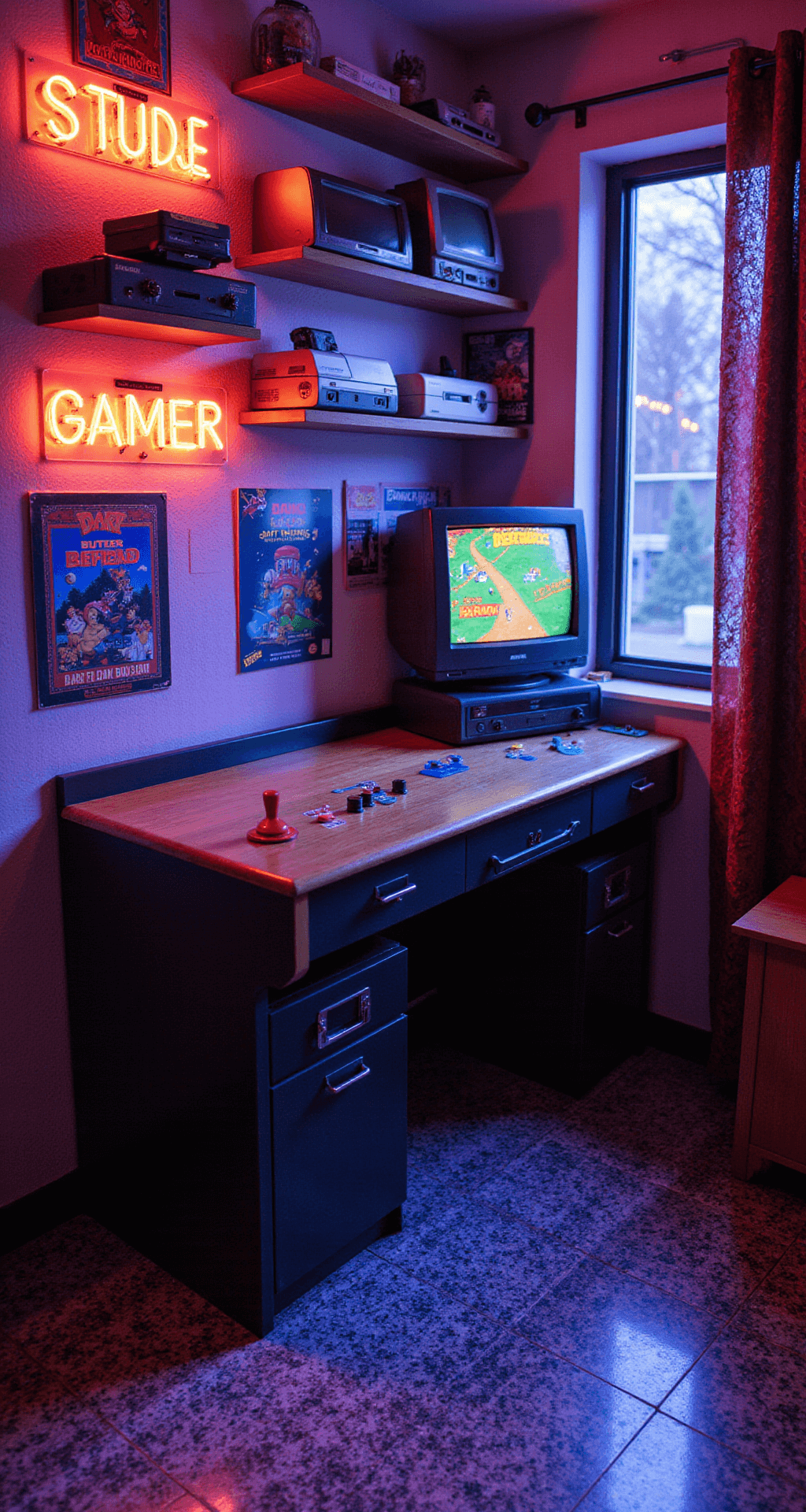 A nostalgic retro arcade-themed gaming room featuring neon lights, classic arcade cabinets, vintage game posters, a custom gaming desk, a restored 80s CRT TV, and blacklight-reactive carpet tiles, captured from a high angle.