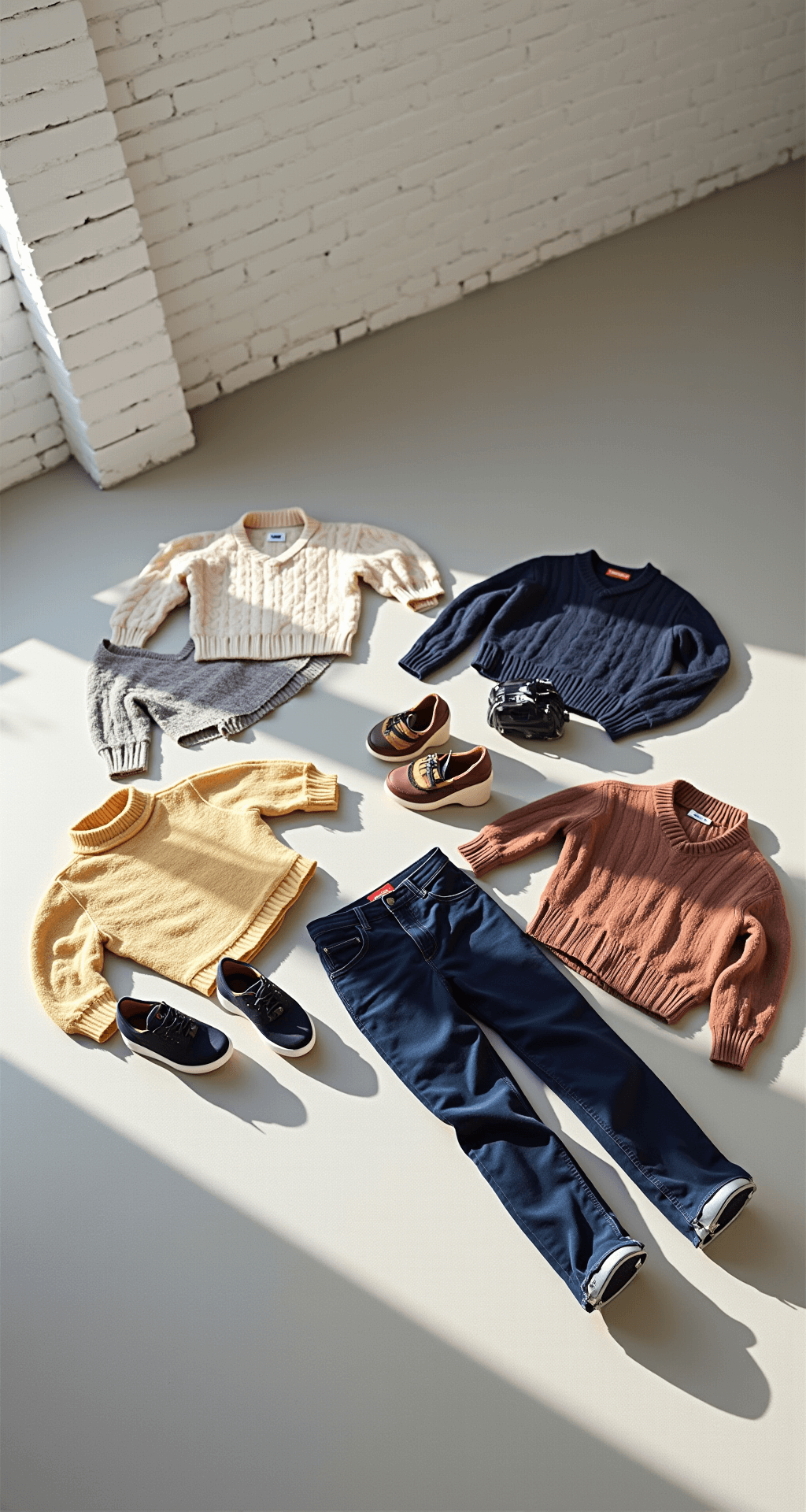 NBA Game Outfits: What to Wear to Feel Like a Total Boss at the Game Bright, airy studio space featuring white brick walls and polished concrete floors, showcasing multiple outfit variations laid flat in team colors, styled with trendy accessories and coordinating footwear, illuminated by morning light that accentuates textures, captured from an overhead perspective with mindful composition and spacing.