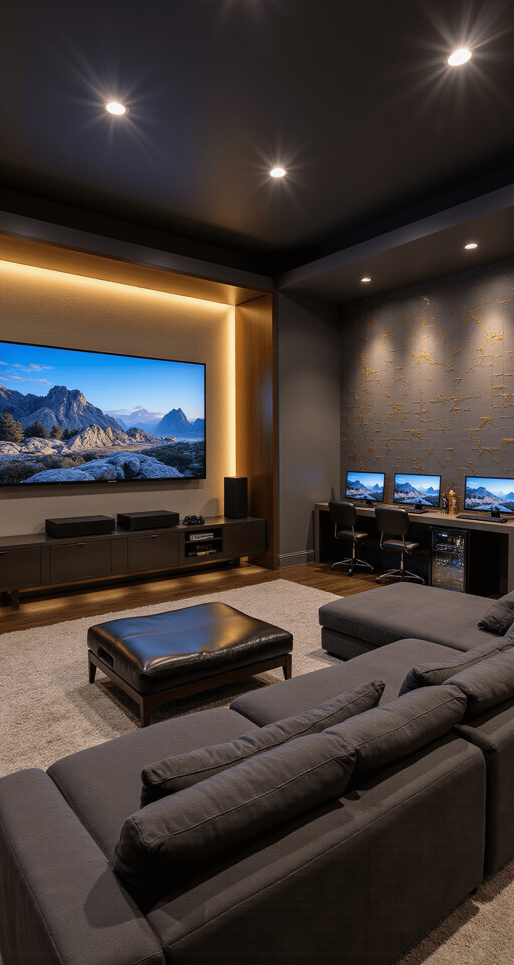 Luxurious gaming lounge featuring a cozy U-shaped sectional, wall-mounted 85-inch OLED TV, high-performance gaming PCs, and elegant geometric wallpaper in gray and gold.