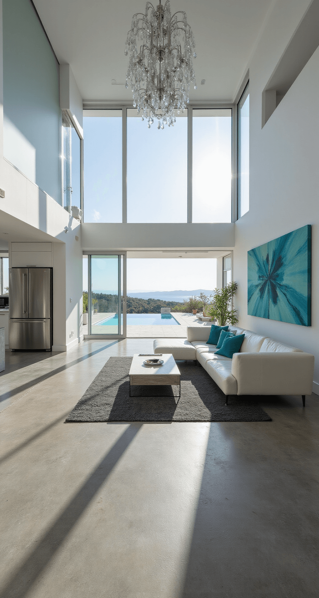 Interior view of a modern Bloxburg summer house featuring a spacious open-plan living area with floor-to-ceiling windows, a minimalist leather sectional, polished concrete floors, and a sleek white kitchen. The scene is illuminated by sunlight, highlighting vibrant teal accents and an infinity pool outside.