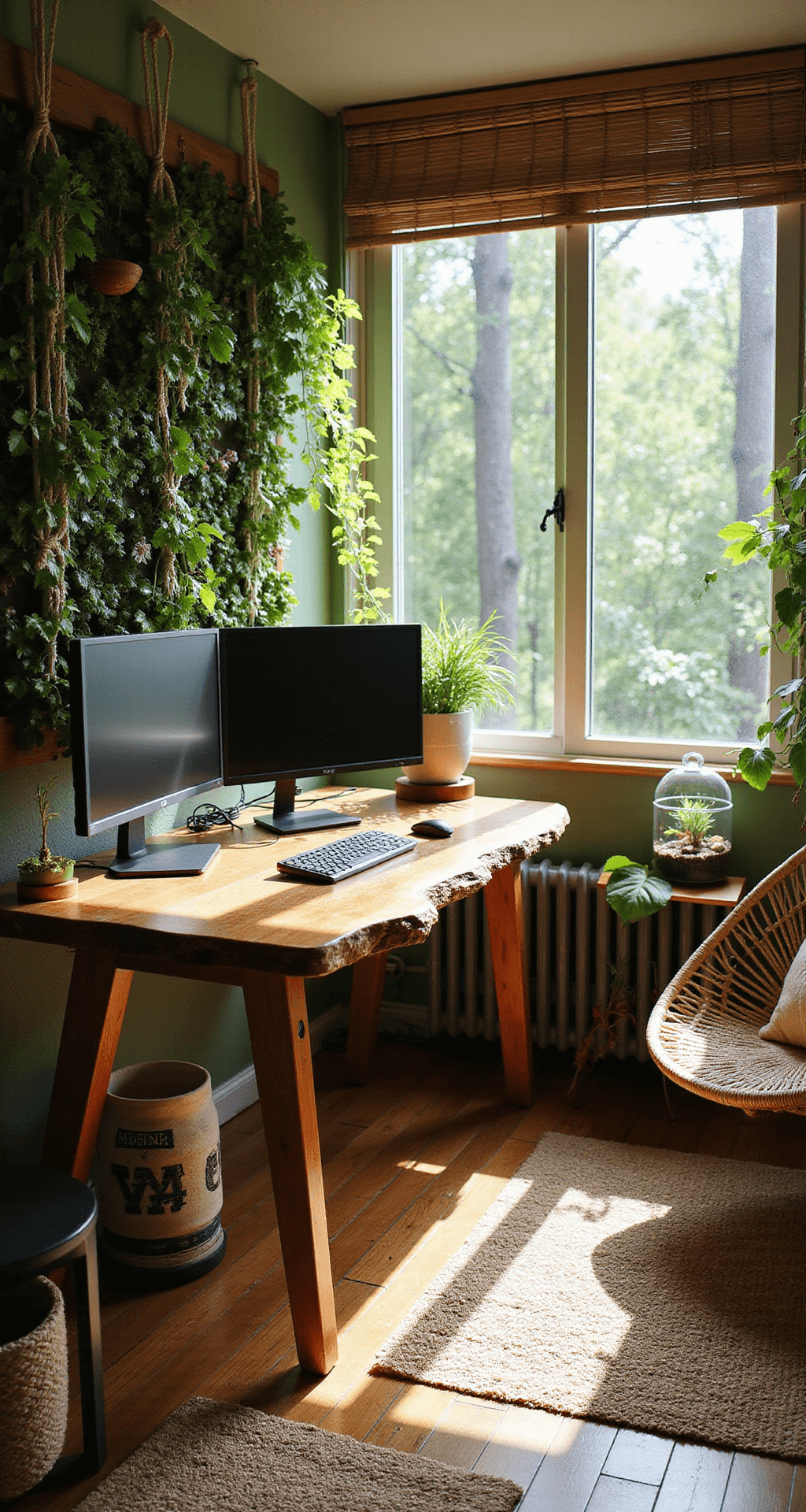A serene gaming retreat featuring a live-edge wooden desk with an ultrawide monitor, surrounded by cascading plants, a vertical garden wall, natural jute rugs, and a rattan hanging chair, all illuminated by dappled morning light.