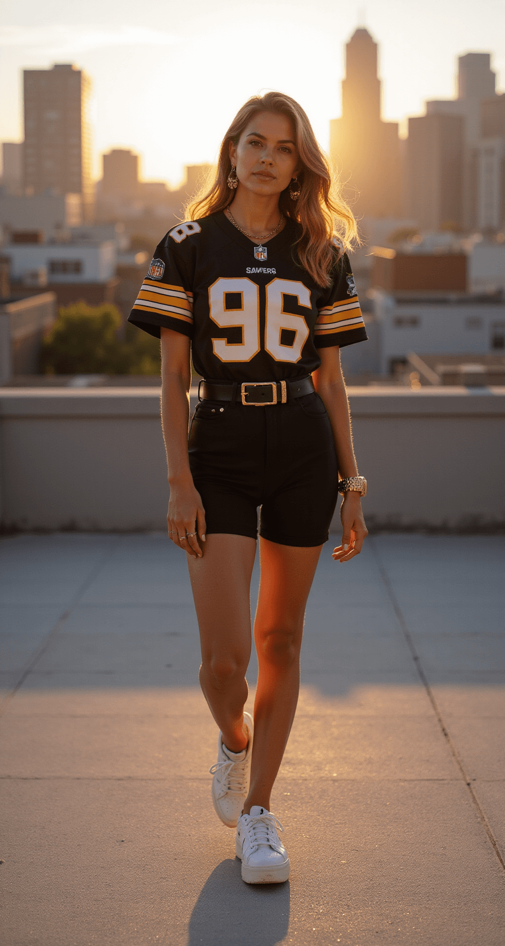 Game Day Glam: Your Ultimate Guide to Stylish NFL Outfits (That Actually Look Good!) A fashionable woman in a belted vintage NFL jersey styled as a dress and black bike shorts walks confidently on a sun-drenched urban rooftop during golden hour, accessorized with chunky gold jewelry and white platform sneakers, with a blurred city skyline in the background. Game Day Glam