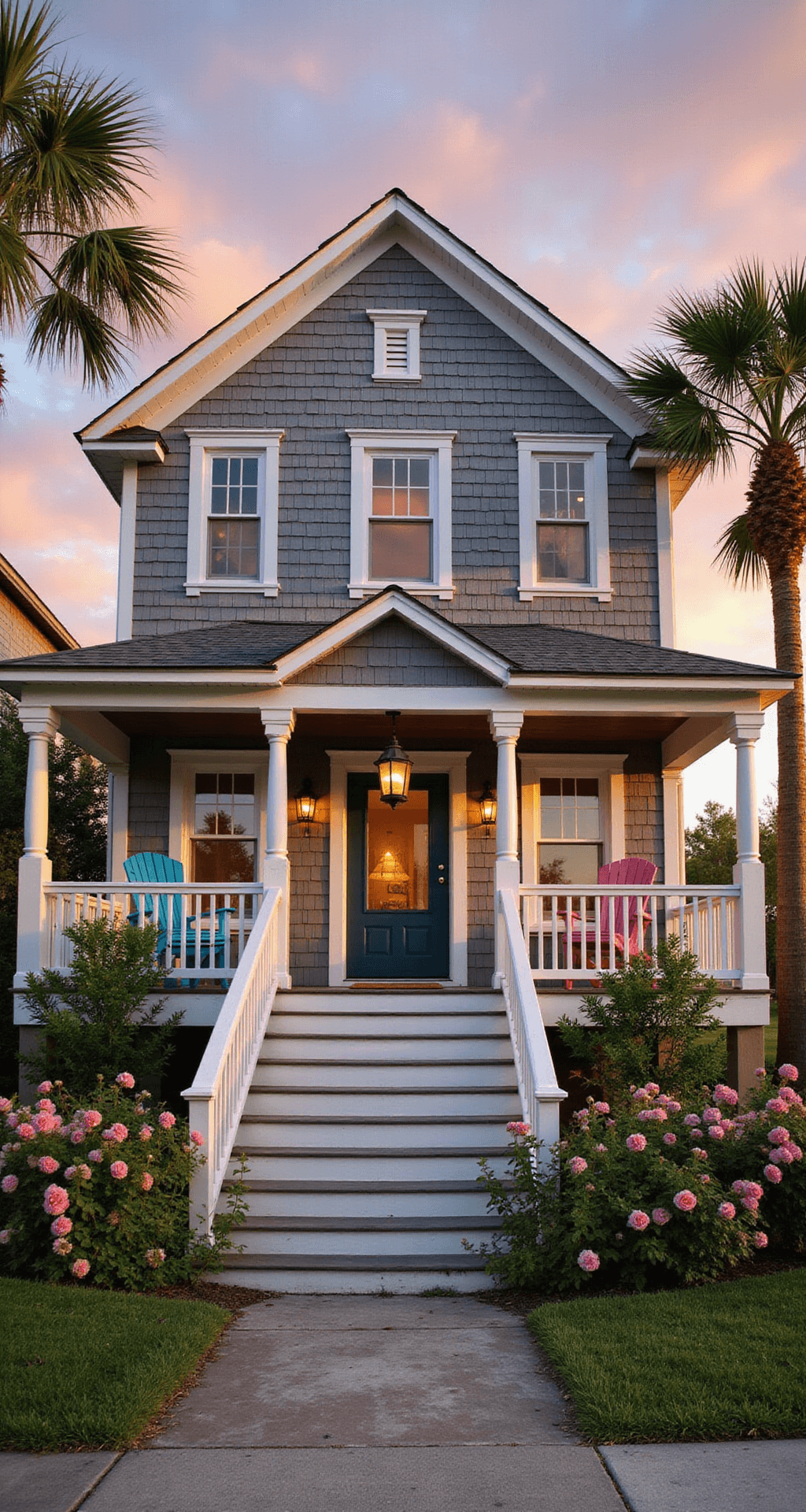 Exterior view of a charming two-story beach house with a weathered gray wood exterior and white trim, featuring a wraparound porch with blue Adirondack chairs, framed by climbing pink roses and surrounded by palm trees, all bathed in warm golden hour light.