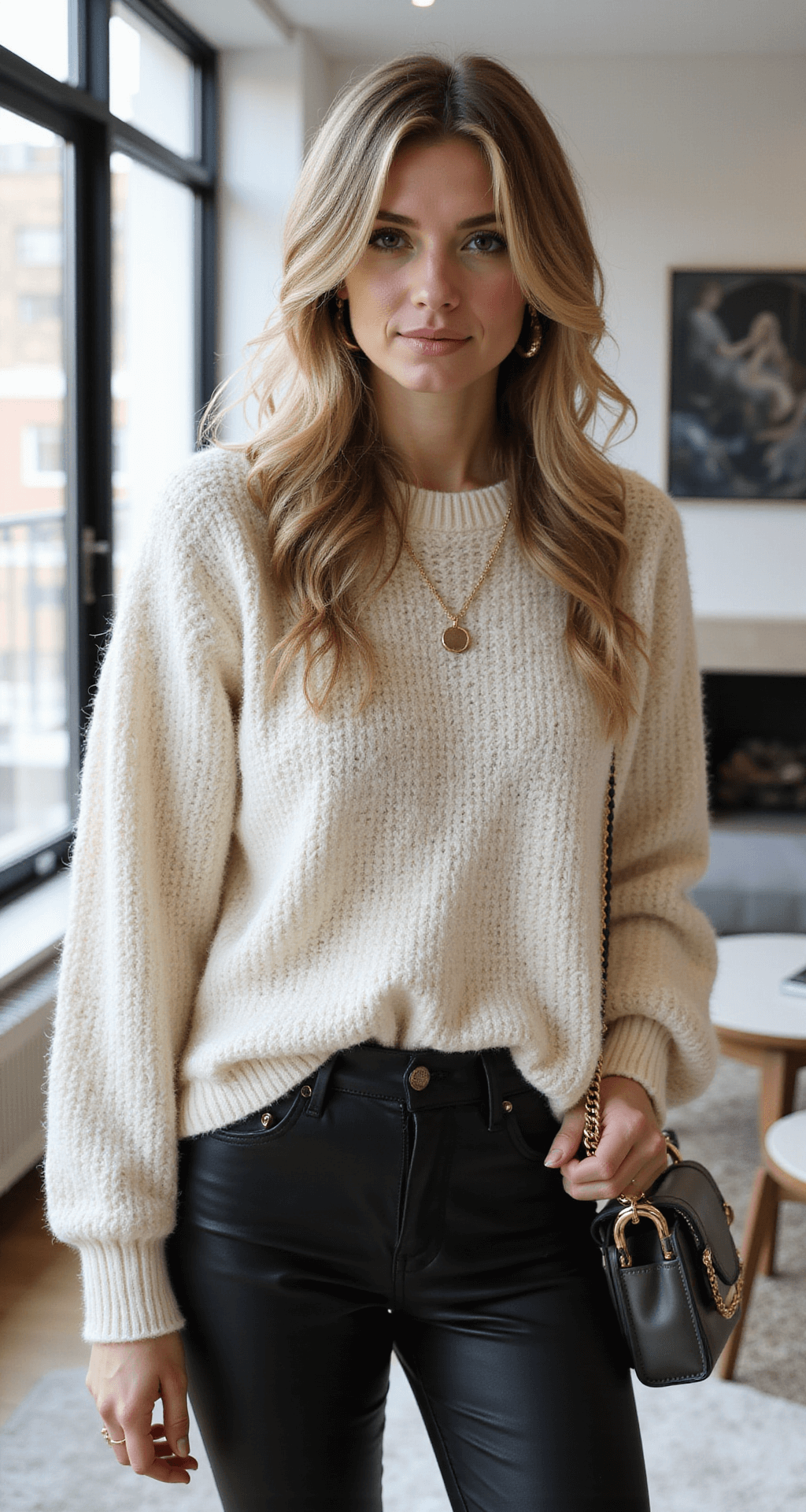 Game Day Glam: Your Ultimate Guide to Stylish NFL Outfits (That Actually Look Good!) Close-up of a woman wearing a cream chunky knit sweater in team colors over high-waisted black leather pants, accessorized with gold-toned jewelry and a clear crossbody bag, set against a backdrop of a modern apartment with minimalist decor and soft morning light filtering through floor-to-ceiling windows.