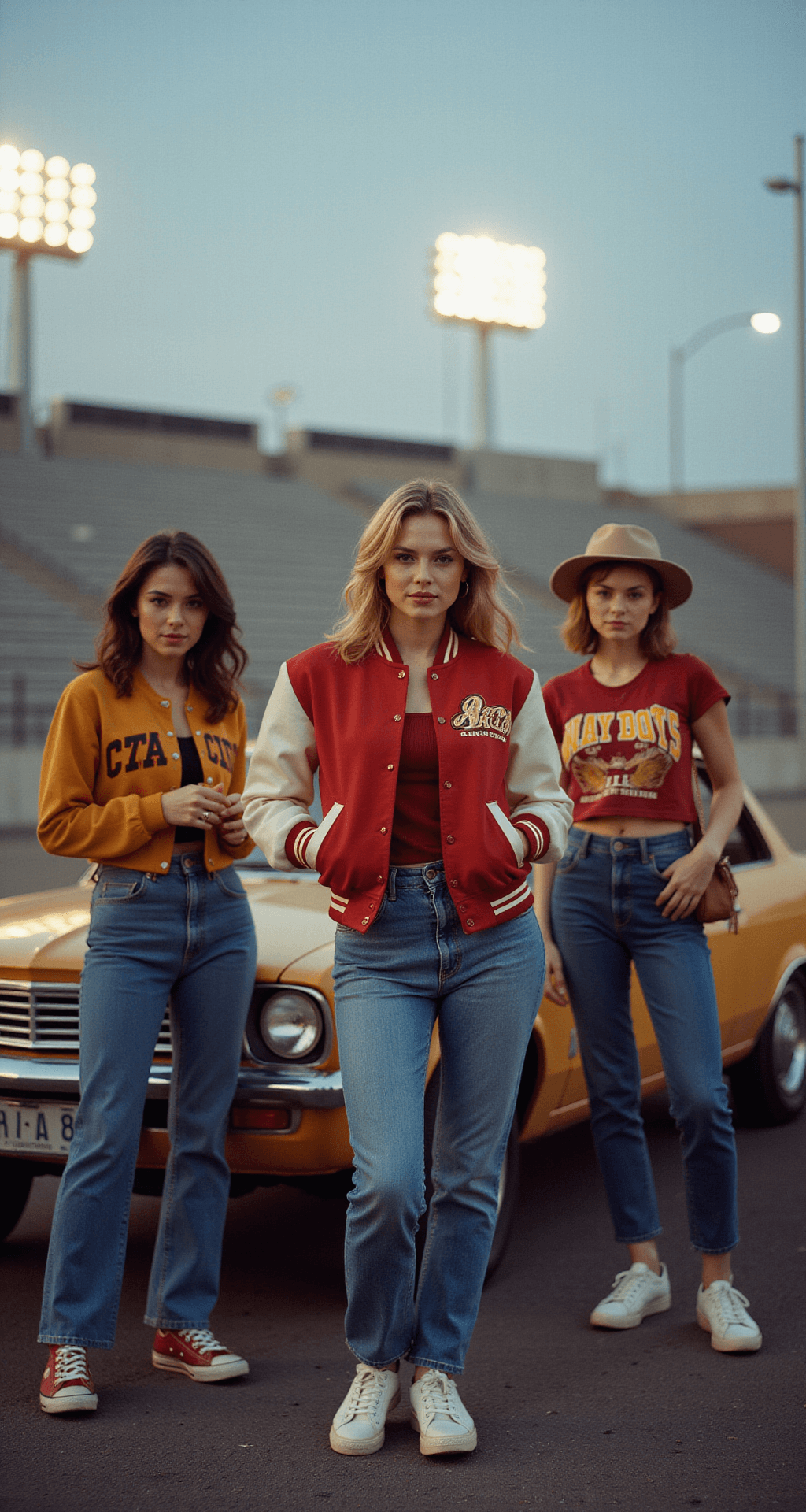 Game Day Glam: Your Ultimate Guide to Stylish NFL Outfits (That Actually Look Good!) A group of three women in coordinated game day outfits, featuring a vintage-inspired varsity jacket, denim, and retro sneakers, posing naturally around a vintage car in an autumn stadium parking lot at magic hour, with blurred stadium lights in the background.