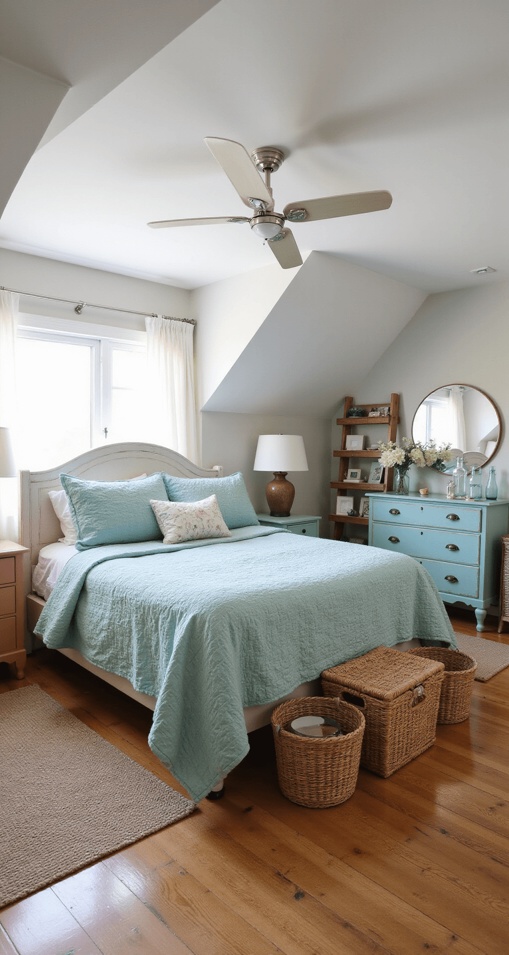 Cozy Bloxburg summer home bedroom with sloped ceilings, dormer window seat, queen-sized bed in blues and greens, mismatched pastel nightstands, distressed duck egg blue dresser, round mirror, hardwood floors, braided jute rug, wicker baskets, and ladder-style bookshelf in warm late morning light.
