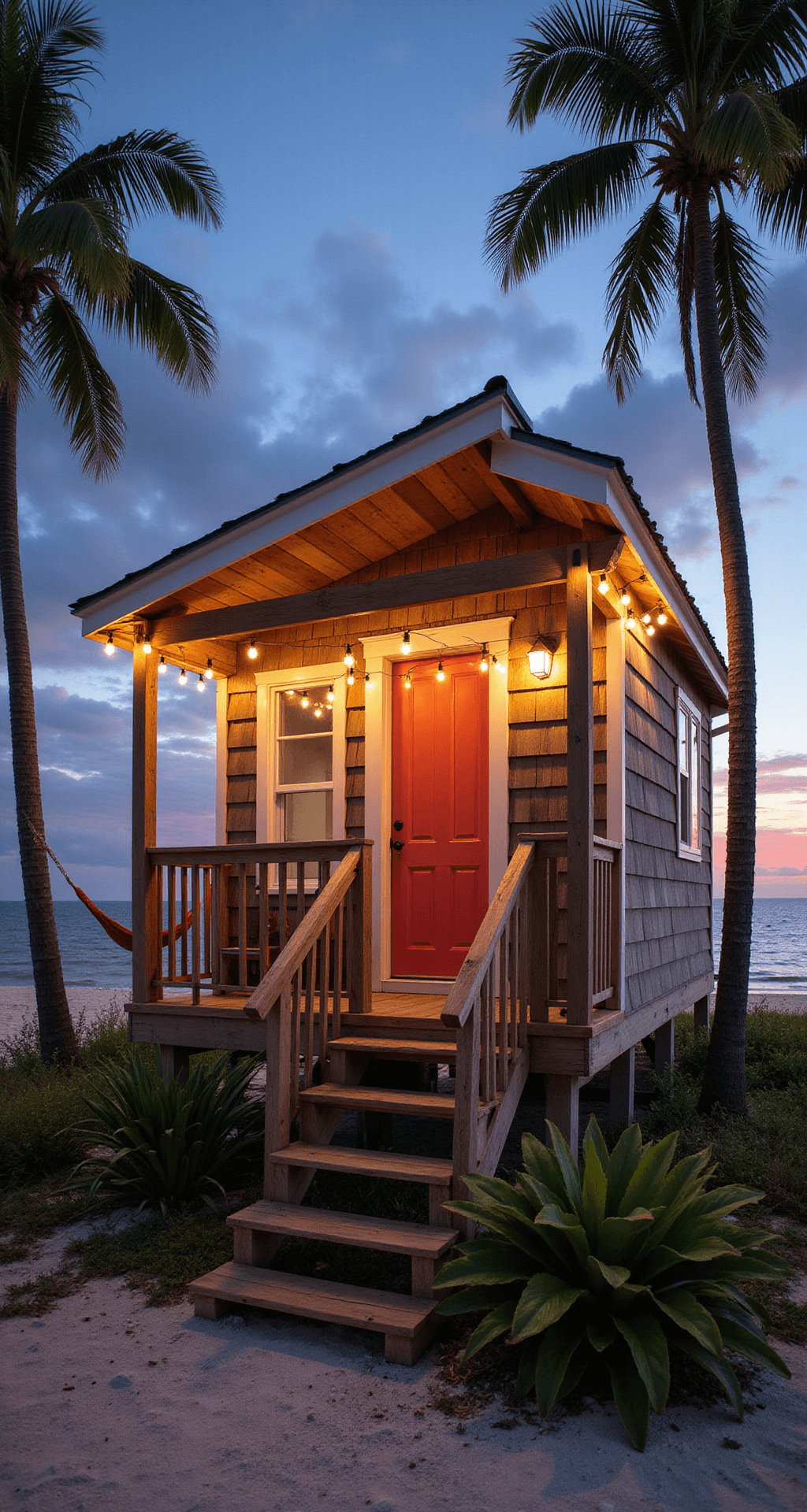 A cozy beachside bungalow on stilts at twilight, featuring natural cedar shingles, a coral-painted entrance, and a wraparound deck adorned with string lights, surrounded by tropical plants and a hammock between palm trees, under a vibrant purple and orange sunset sky.