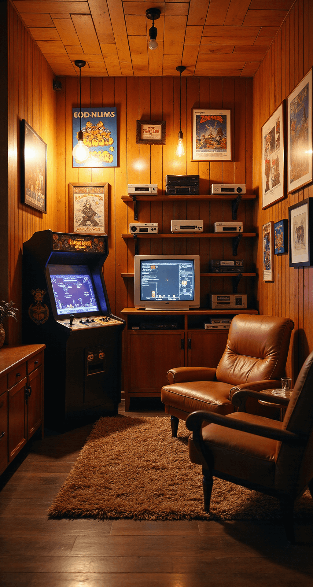 A cozy retro gaming room with wood-paneled walls, vintage arcade game posters, a custom arcade cabinet, classic consoles on shelves, a leather armchair, shag rug, and a CRT TV on a credenza, all bathed in warm Edison bulb lighting.