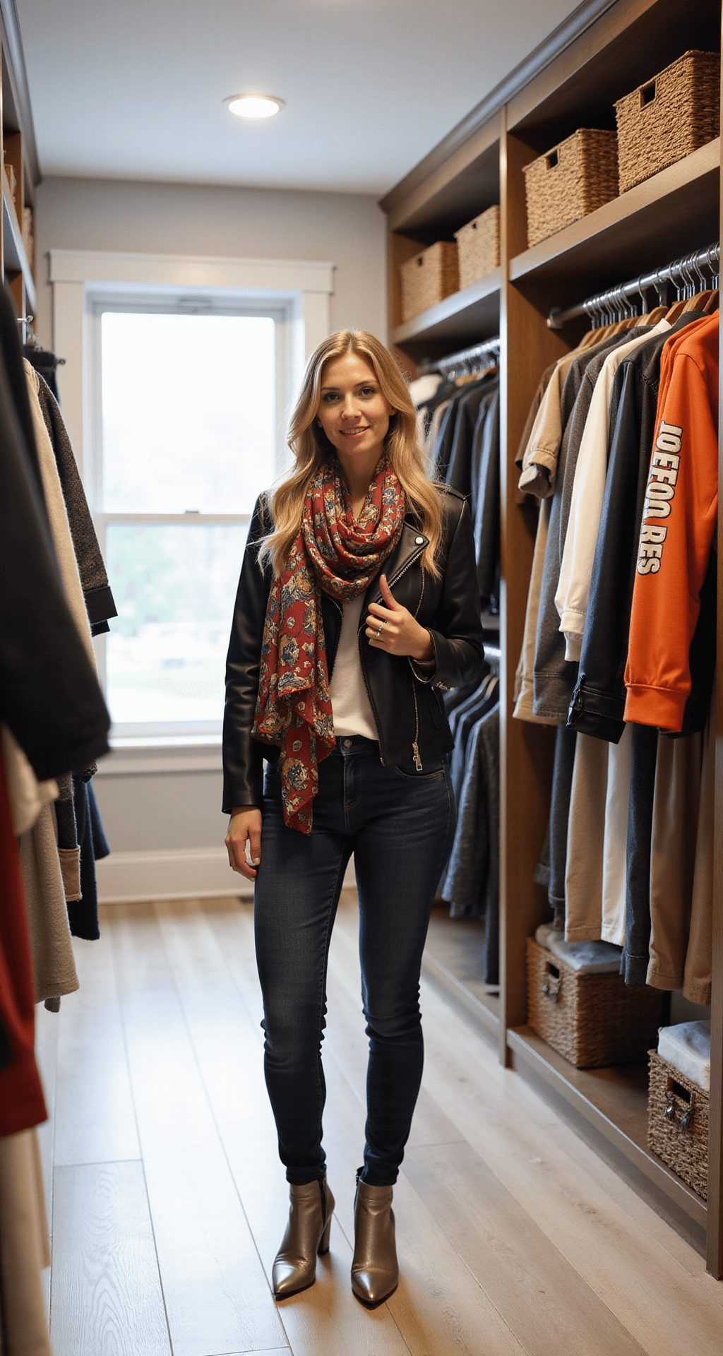Game Day Glam: Your Ultimate Guide to Stylish NFL Outfits (That Actually Look Good!) A bright and airy walk-in closet featuring an organized display of team-colored clothing, with a woman styling a silk scarf in team prints, wearing a black leather moto jacket, dark wash jeans, and metallic ankle boots; soft window light highlights the textures and depth of the space.