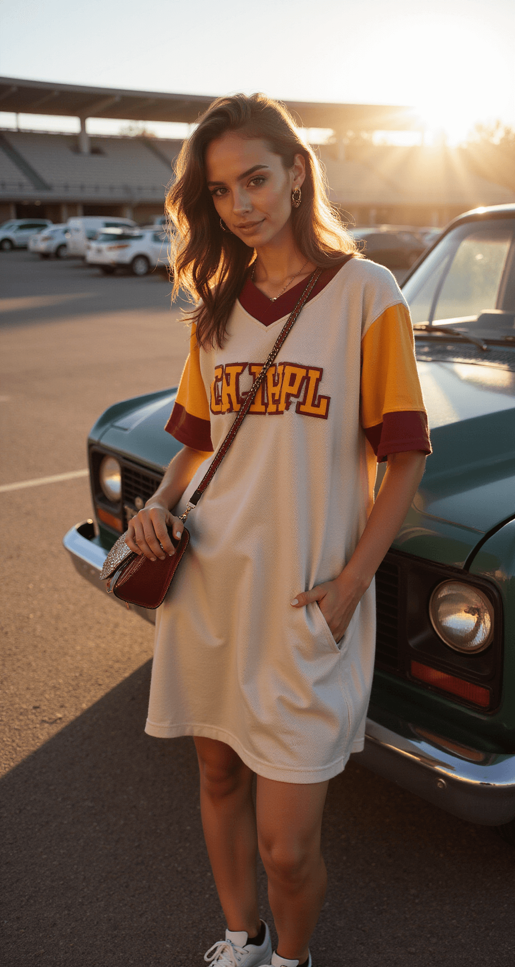 The Ultimate Game Day Outfit A stylish young woman poses confidently in a sunlit stadium parking lot, wearing an oversized vintage team jersey dress and white sneakers, accessorized with a sparkling crossbody bag and minimal gold jewelry, with loose waves and team-colored eye makeup, captured in sharp detail.