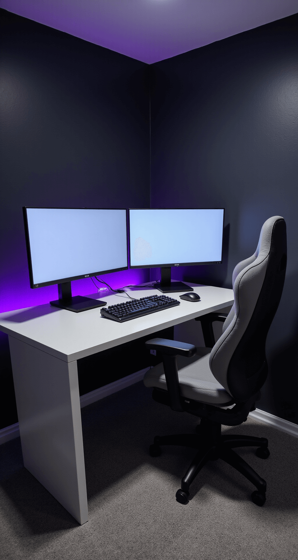 A neatly arranged competitive gaming setup in a compact 10x12ft space, featuring dual 240Hz monitors on a minimalist white desk, pro gaming peripherals, matte black walls with RGB lighting, a sleek gray gaming chair, and effective cable management for a distraction-free environment.