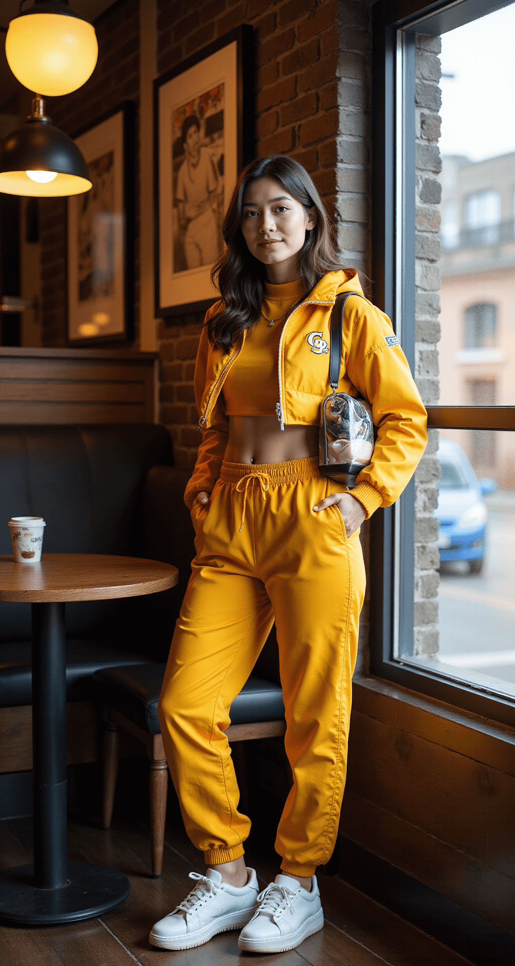 Game Day Glam: Your Ultimate Guide to Stylish NFL Outfits (That Actually Look Good!) A woman in a team-colored nylon jogger set and cropped puffer jacket stands in a cozy coffee shop corner on game day morning, holding a clear stadium bag filled with essentials. Warm ambient lighting from pendant lamps and natural window light creates a welcoming atmosphere.