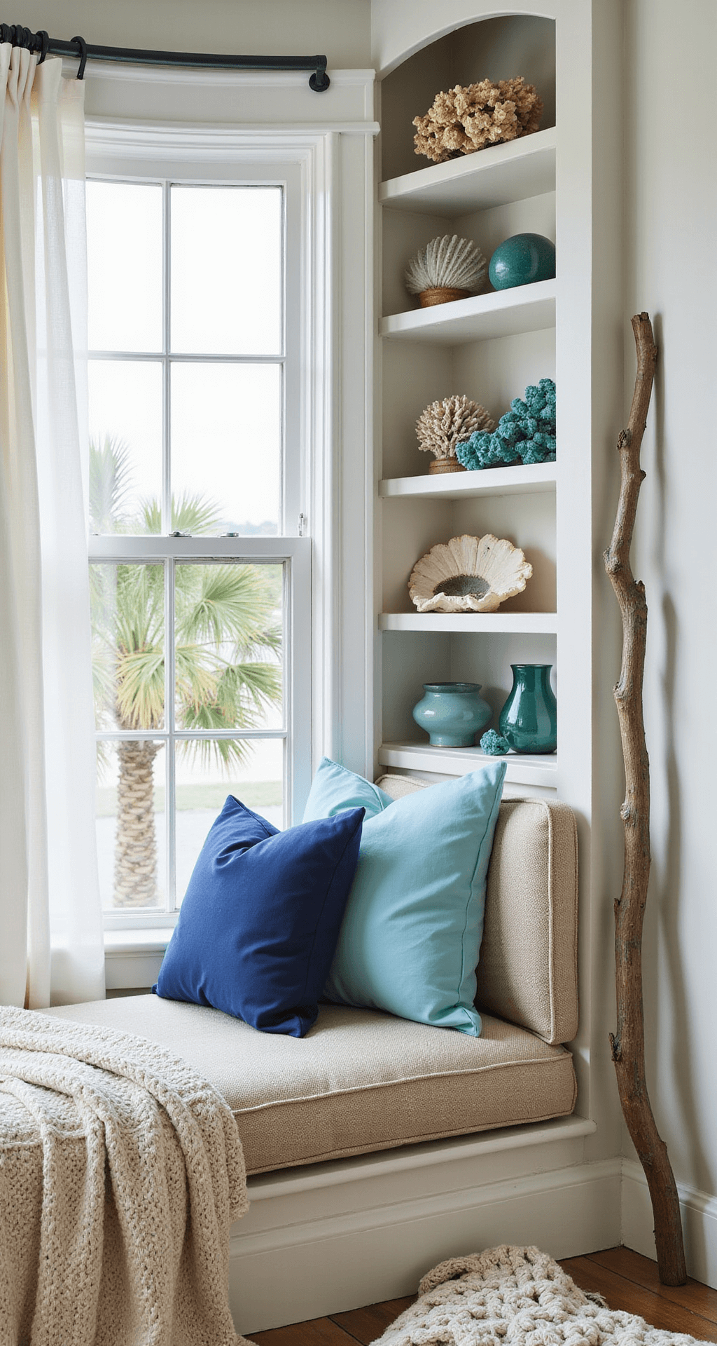 Close-up view of a beach house living room corner featuring a built-in bay window seat with sandy-colored upholstery and blue pillows, surrounded by sheer white curtains, beach-themed decor on wooden shelves, and a large piece of driftwood.