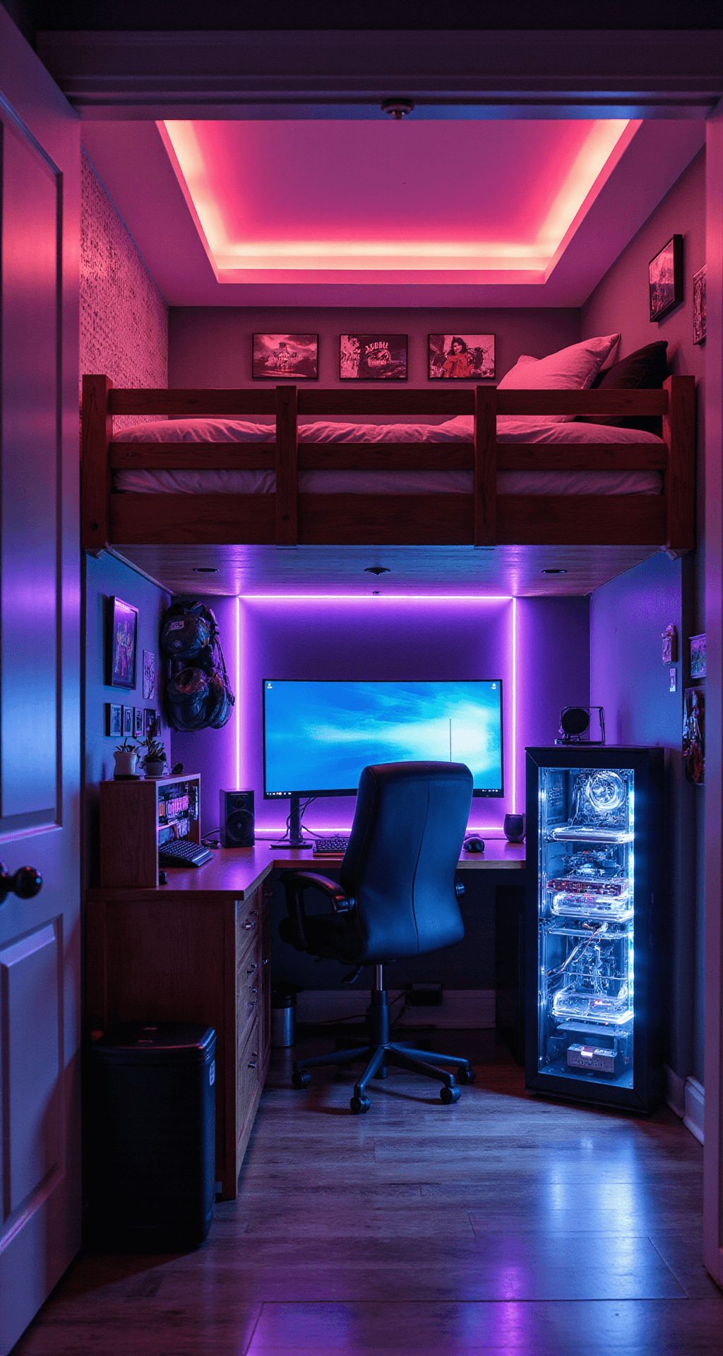 A compact gaming room featuring a custom loft bed, dual-monitor gaming station, RGB-lit gaming PC, vertical shelving for games and collectibles, and a pegboard for accessories, all enhanced by programmable LED lighting.
