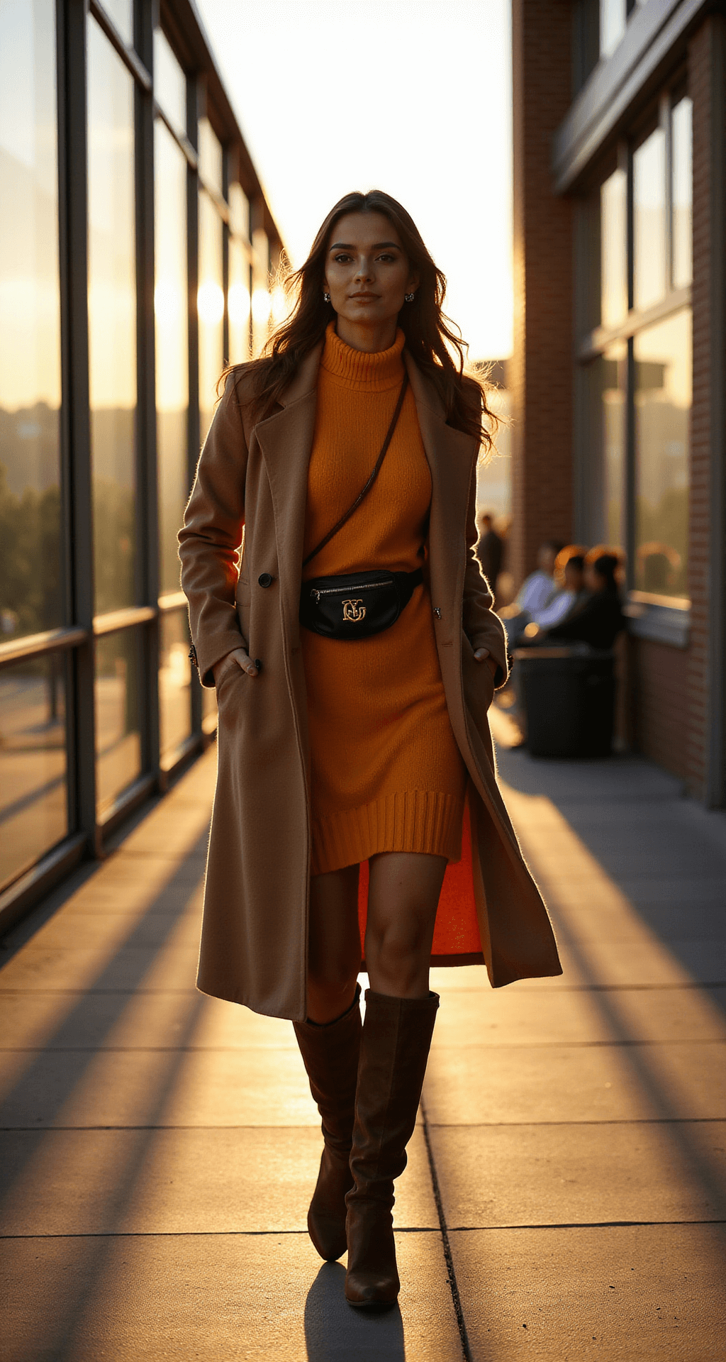 Game Day Glam: Your Ultimate Guide to Stylish NFL Outfits (That Actually Look Good!) A fashion-forward fan stands on a stadium concourse at sunset, wearing a team-colored sweater dress layered with a camel wool coat, paired with over-the-knee boots and a designer fanny pack. Golden hour light filters through the stadium architecture, casting dramatic shadows and enhancing the vibrant scene. The image is captured from a slight low angle, emphasizing the stylish outfit against the backdrop of the concourse.