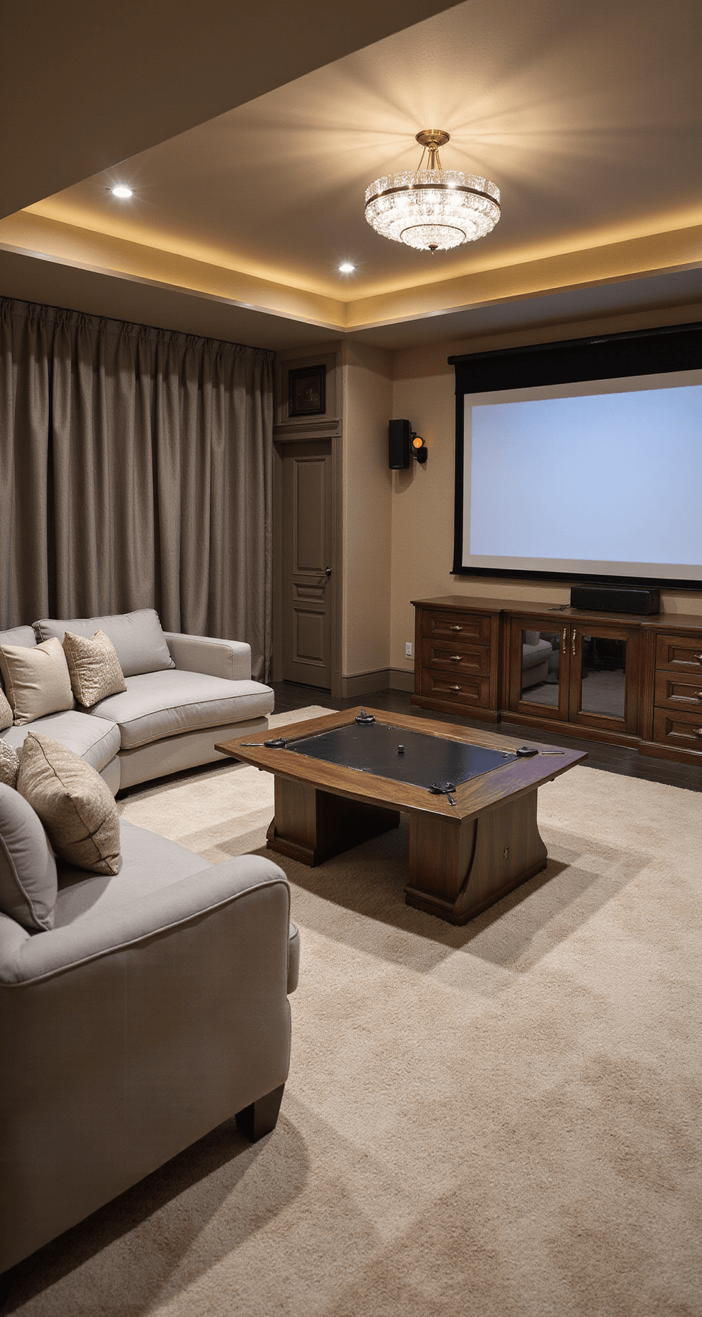 A luxurious gaming room featuring plush cream carpeting, grasscloth wallpaper, a curved light gray velvet sofa, a projection screen, blackout curtains, a custom gaming table, copper accent lighting, and a crystal chandelier, showcasing a blend of high-end decor and gaming technology.