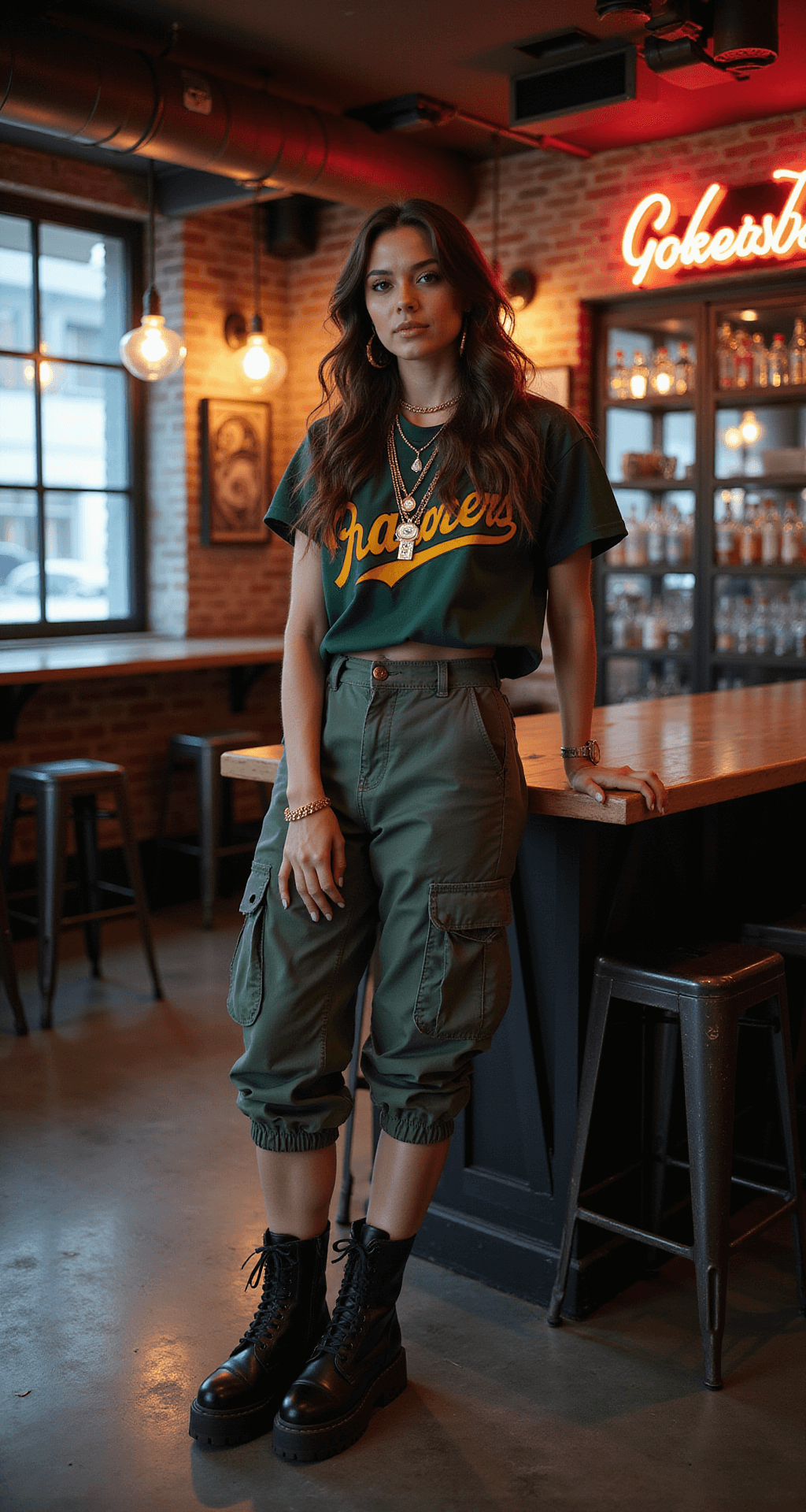 Game Day Glam: Your Ultimate Guide to Stylish NFL Outfits (That Actually Look Good!) A stylish woman in cargo pants and a cropped team jersey, wearing platform combat boots and layered gold necklaces, stands in a modern sports bar with industrial-chic decor. Moody lighting and neon accents enhance the atmosphere, highlighting her team-colored nail art.