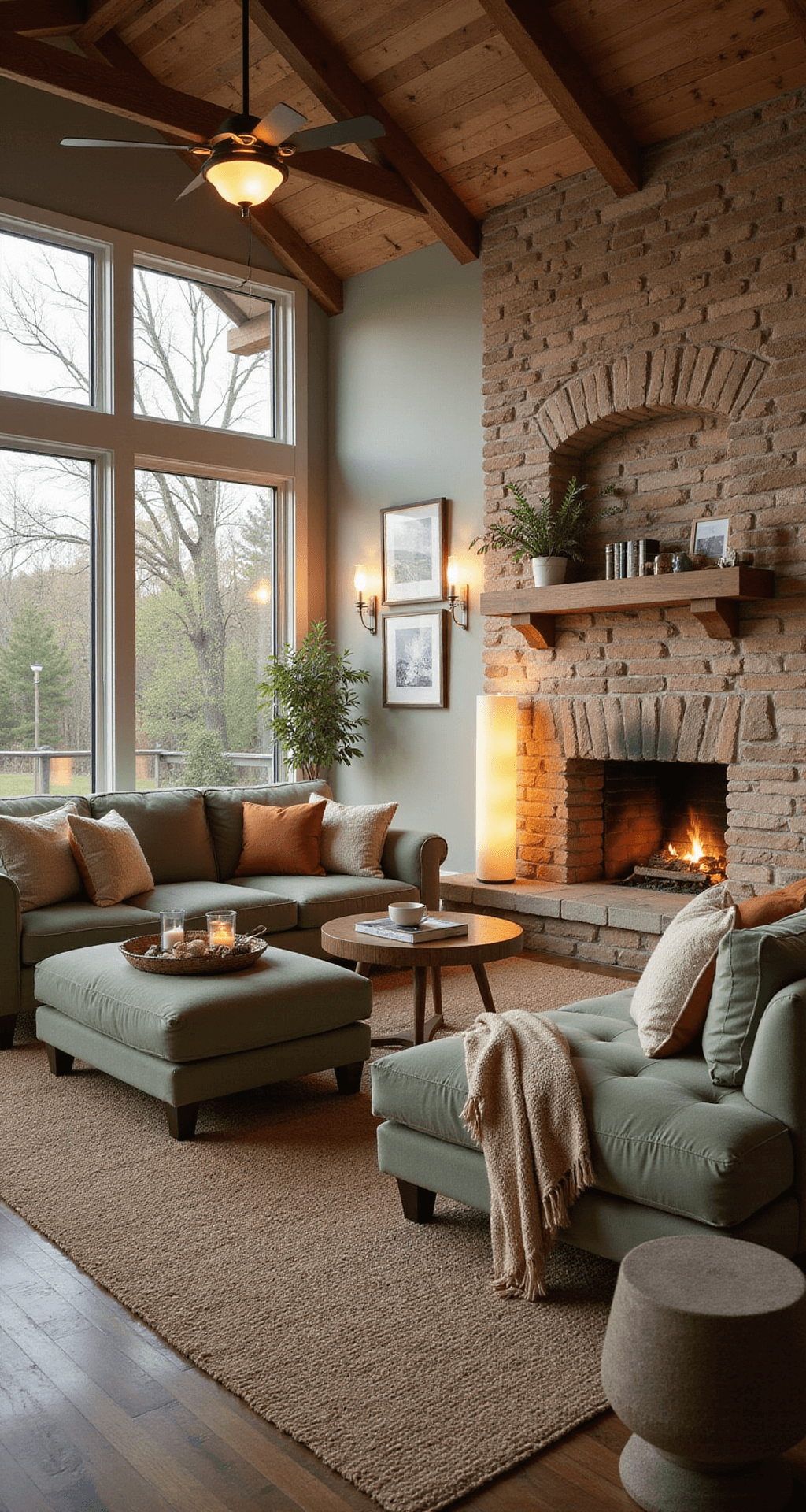 A cozy Bloxburg living room featuring vaulted ceilings with exposed beams, a sage green sectional facing a rustic stone fireplace, and warm afternoon sunlight streaming through bay windows, creating an inviting atmosphere with layered throw pillows, a jute rug, and soft lighting.