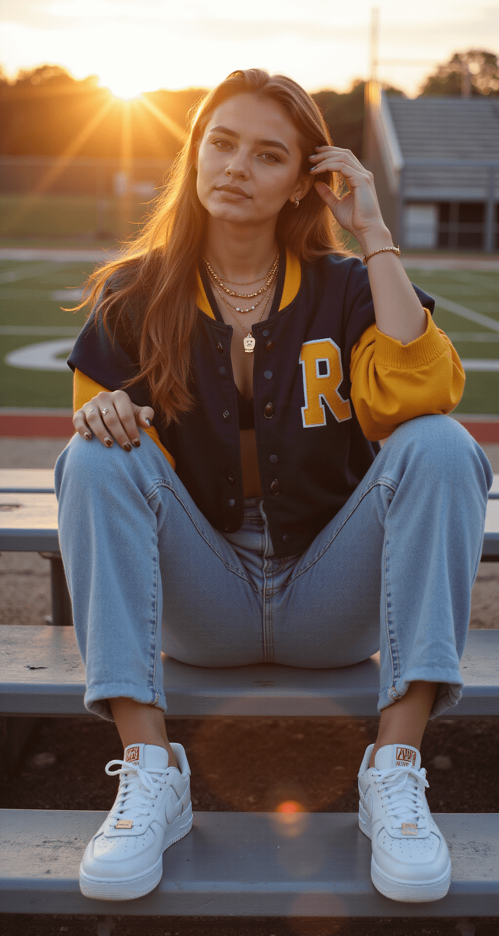 The Ultimate Guide to High School Football Game Fashion: Look Cute & Stay Comfy A female student in a navy and gold oversized team jersey and light-wash mom jeans sits casually on bleachers at a high school football stadium during golden hour, white Nike Air Force 1s glowing in the sunset light, layered gold necklaces sparkling as she adjusts her varsity letter jacket. The shot, taken from a low angle, features bokeh from the stadium lights in the background.