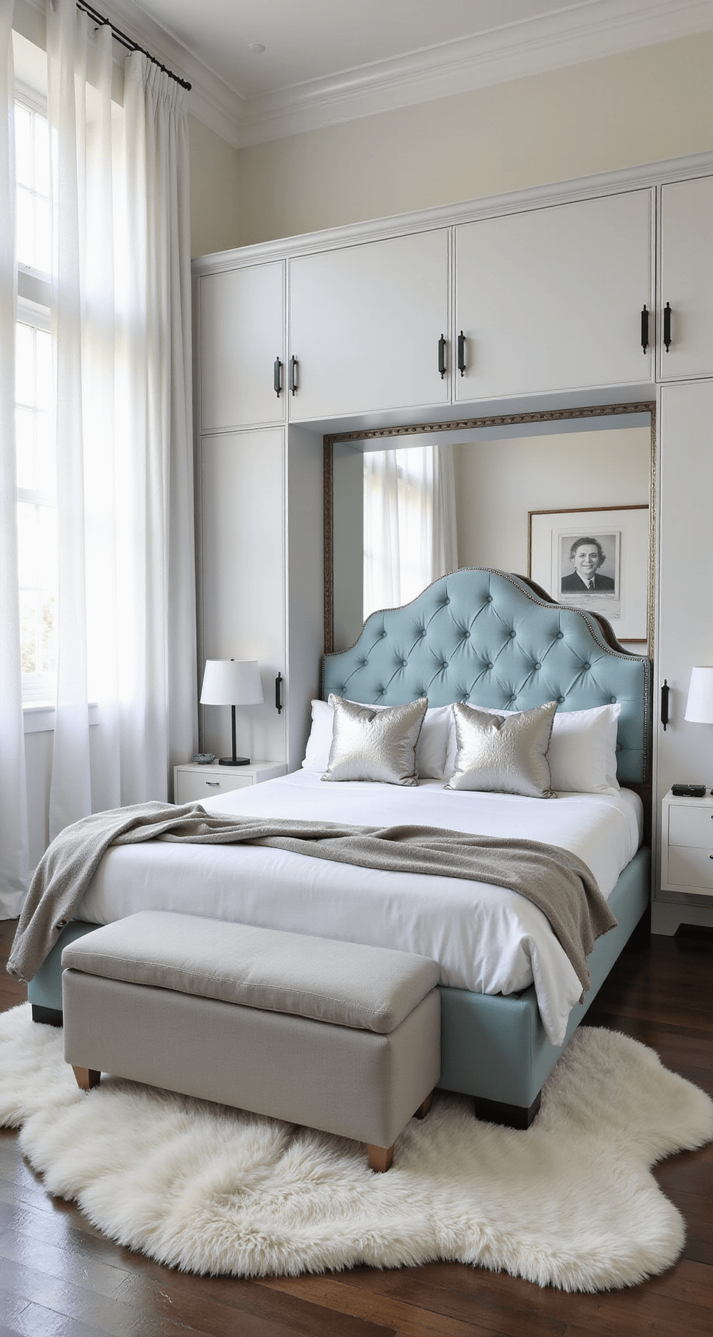 Chic Bloxburg bedroom featuring a statement canopy bed with a tufted light blue headboard, crisp white linens, and silver throw pillows, illuminated by early morning light filtering through sheer curtains; includes a sleek white desk beneath a large mirror, built-in wardrobes with matte black hardware, and a furry white area rug, all creating a serene atmosphere.