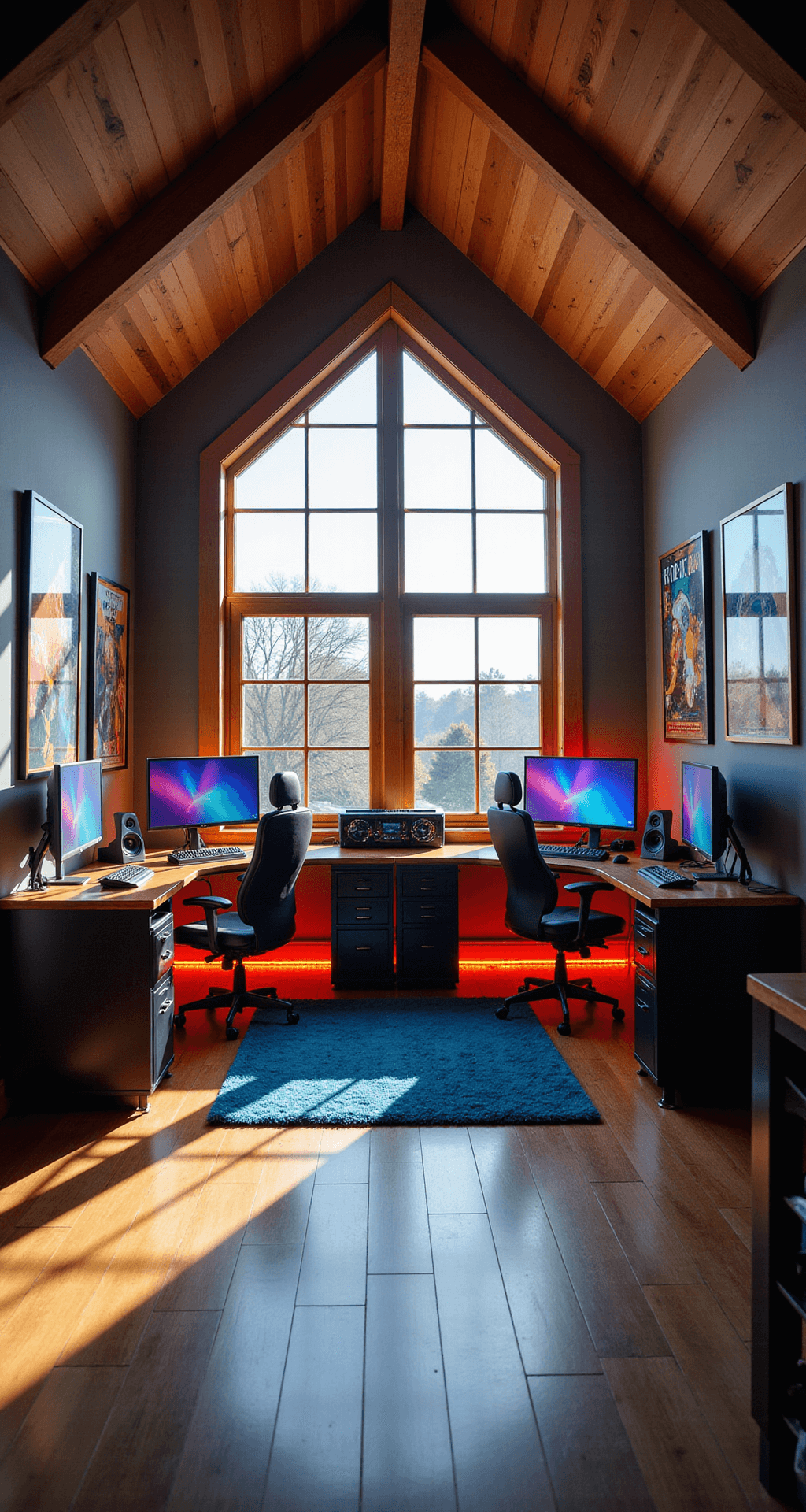 A spacious gaming room with vaulted ceilings, featuring two L-shaped desks with dual monitors, custom PCs, and colorful gaming chairs. Sunlight streams through large windows, illuminating sound-absorbing walls adorned with vintage game posters. A deep blue rug and LED light strips enhance the cozy, high-tech vibe.