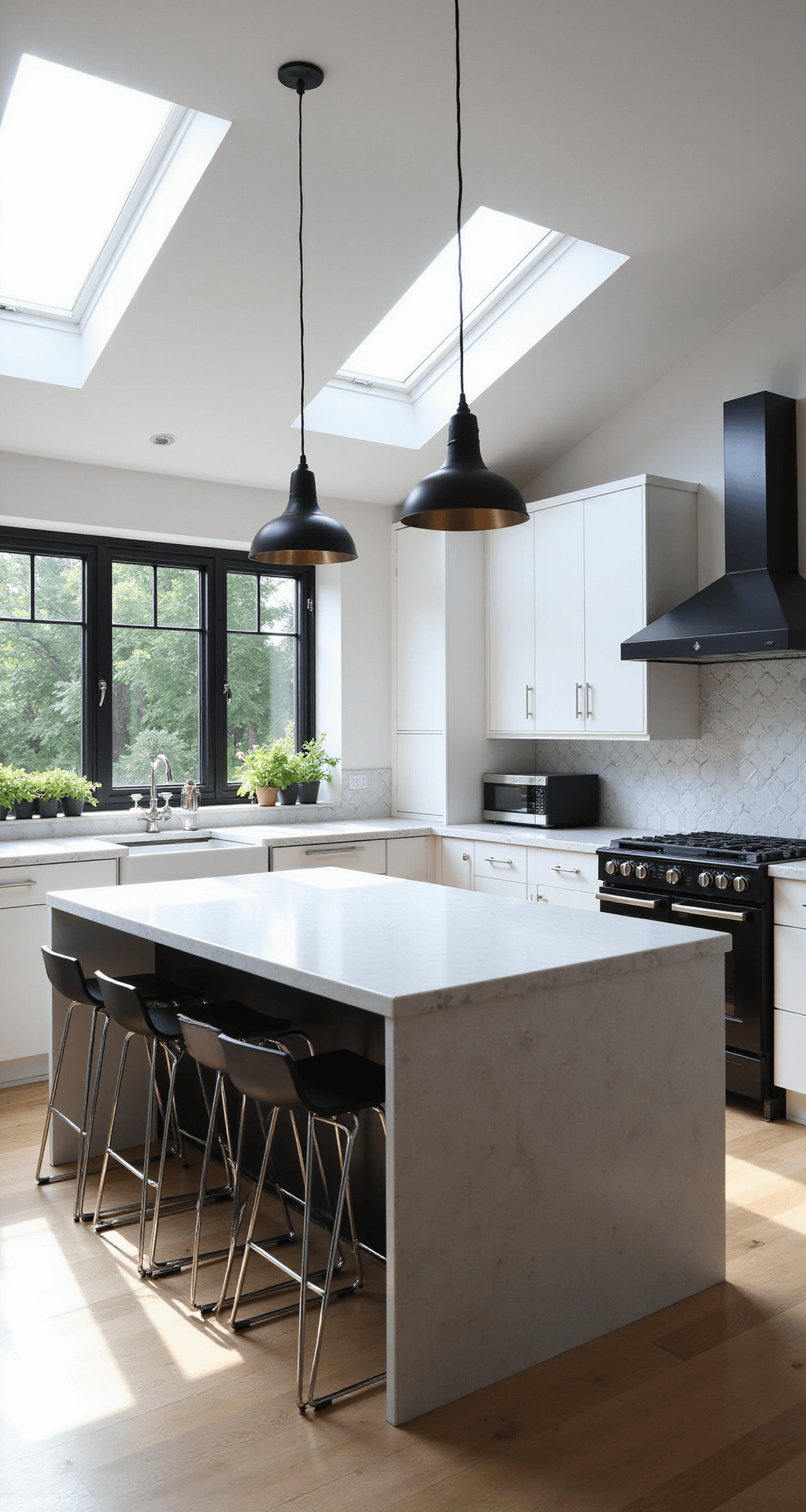 A modern Bloxburg kitchen with an open concept design, featuring a large central island with a waterfall quartz countertop, minimalist white cabinets, matte black appliances, a geometric tile backsplash, and potted herbs on the windowsill, illuminated by natural light from skylights and pendant lights.