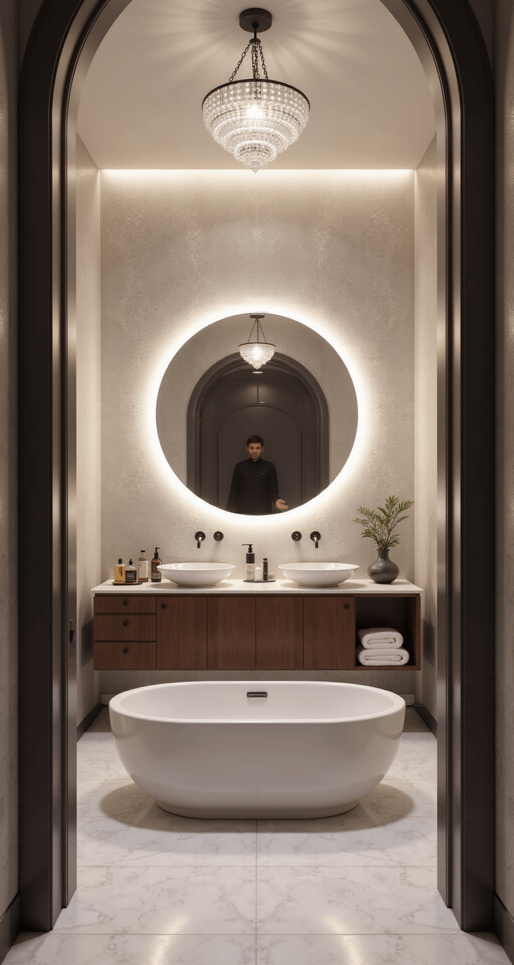 Luxurious Bloxburg bathroom featuring a freestanding oval bathtub beneath a crystal chandelier, soft LED backlighting from a circular mirror, marble-look tile flooring and walls, a rich walnut double vanity, and plush white towels, all contributing to a spa-like ambiance.