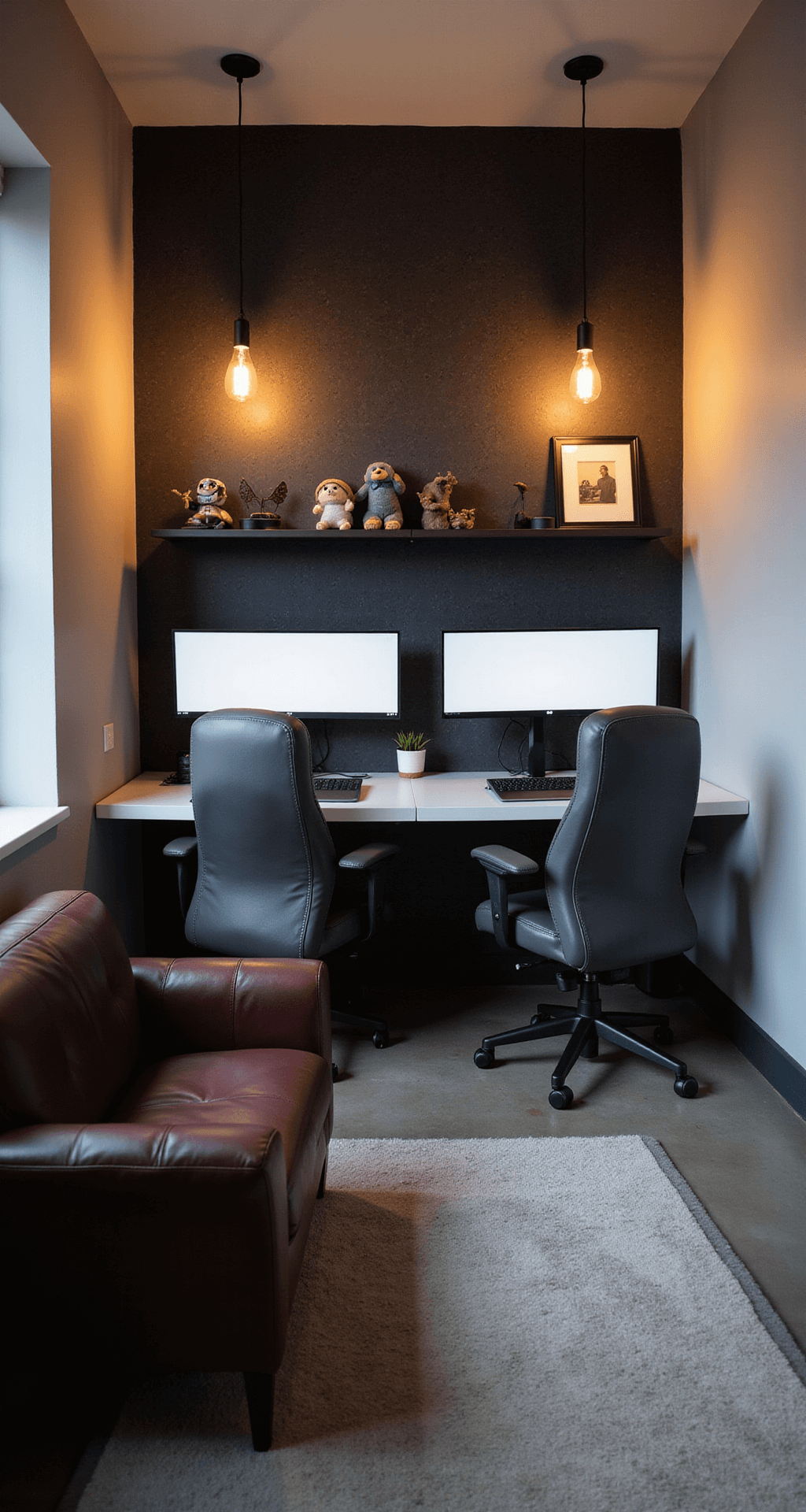 A cozy 12'x10' gaming nook featuring sleek white desks, dual ultrawide monitors, and ergonomic chairs, illuminated by soft Edison bulb light against a dark textured wallpaper backdrop. A floating shelf showcases collectibles, while a burgundy loveseat offers casual seating, all captured in a dramatic high corner angle.