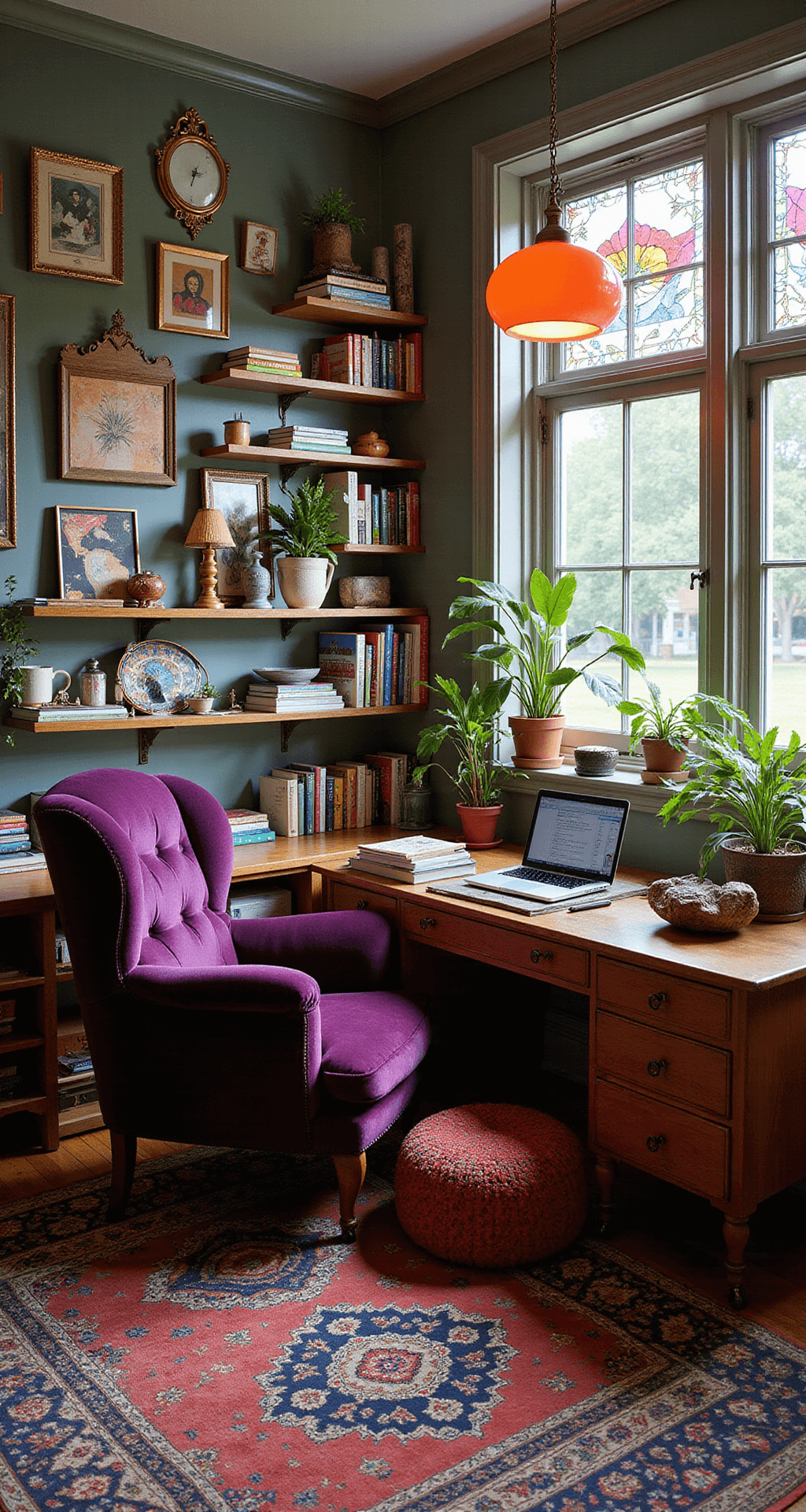 An eclectic home office featuring a vintage wooden desk with quirky decor and a modern laptop, surrounded by mismatched bookshelves, plants, and a cozy purple velvet armchair. Colorful stained glass panels cast vibrant light across the space, highlighting a gallery wall of diverse art pieces and a boldly patterned area rug.