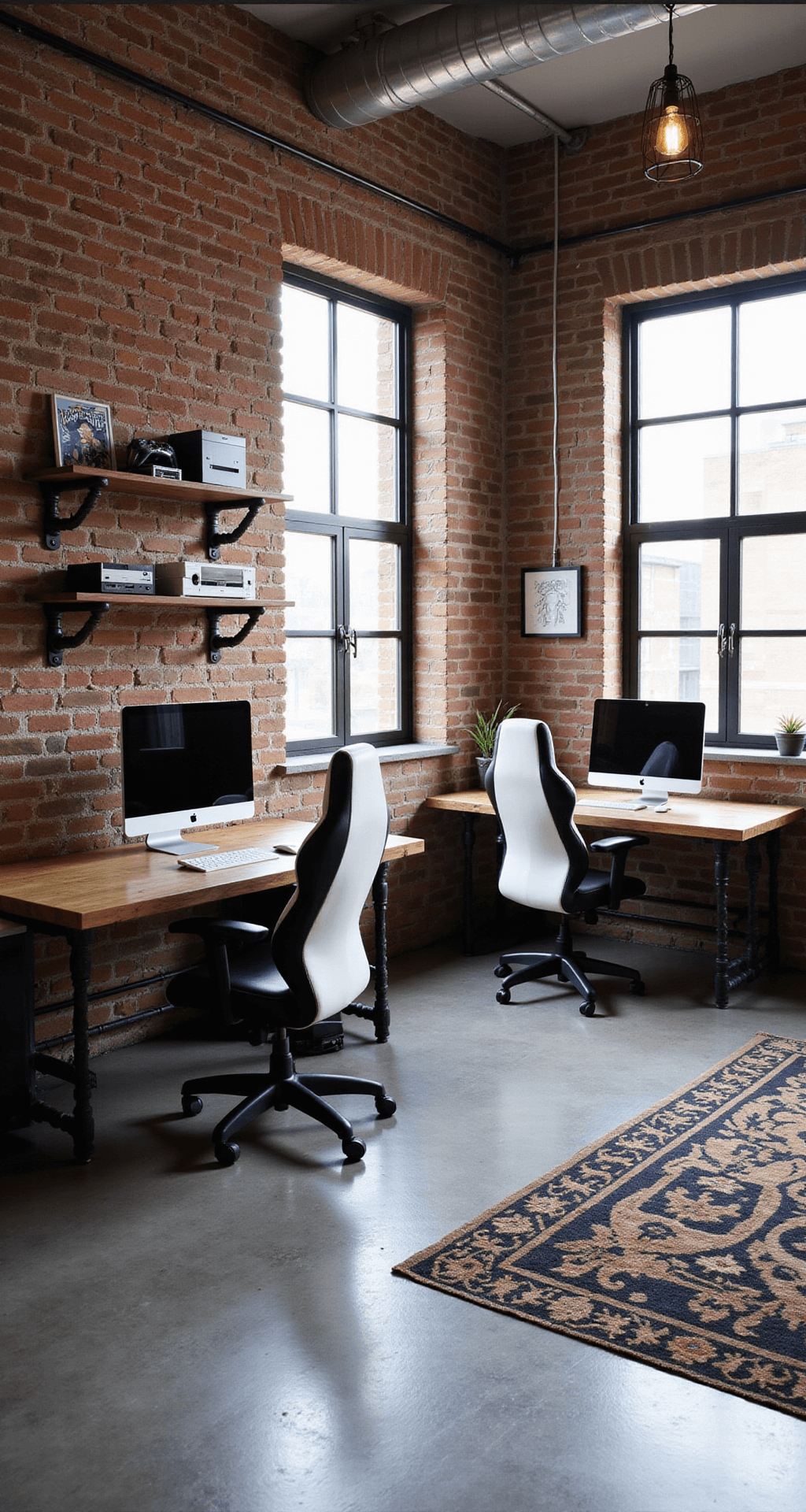 Industrial-chic gaming room featuring exposed brick walls, polished concrete floors, and factory-style windows, with two custom-built gaming stations, reclaimed wood desks, high-end gaming chairs, retro console display shelves, a bold geometric area rug, and pendant lights for task lighting.
