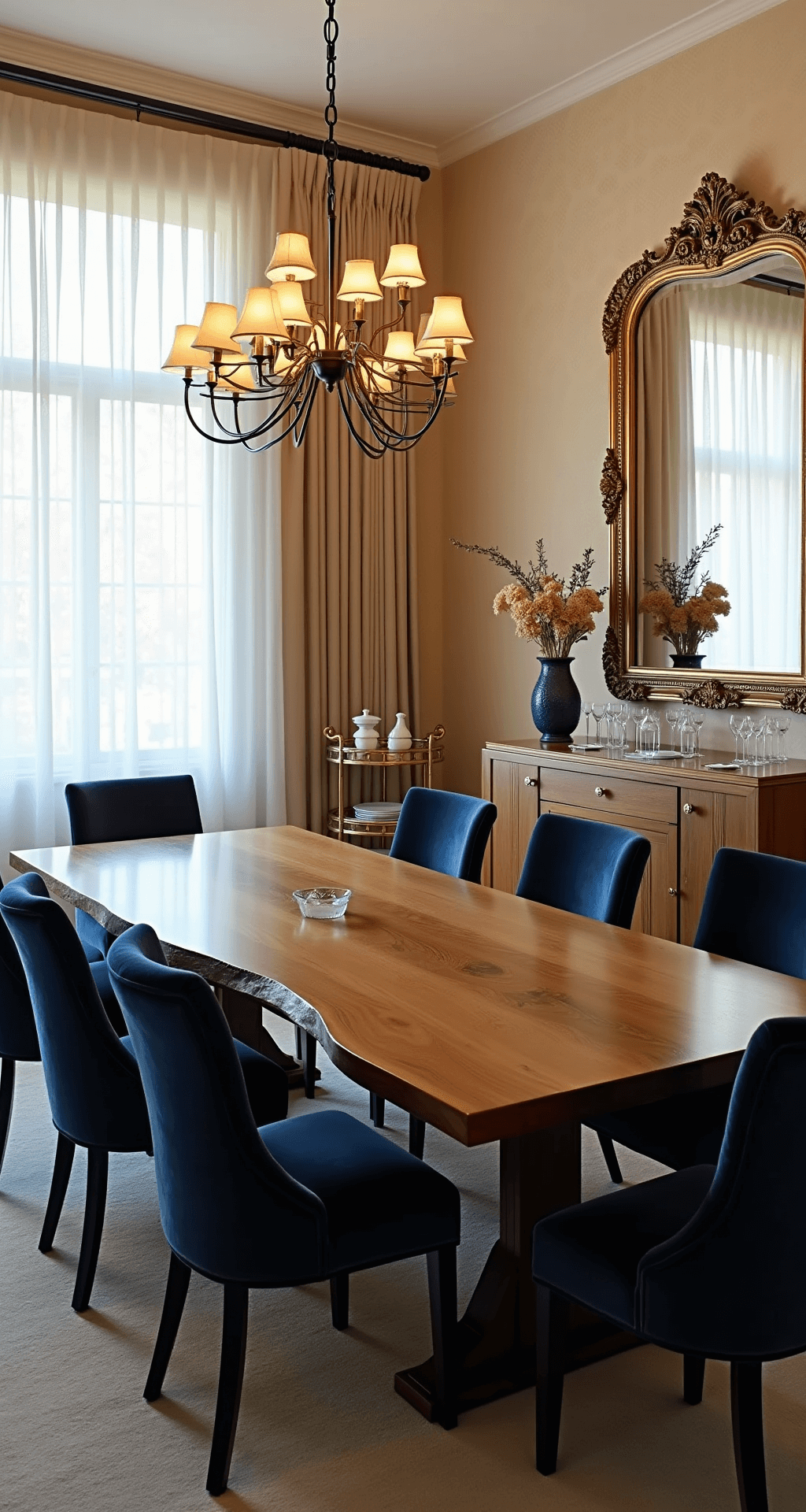 Elegant Bloxburg dining room featuring a long wooden table with live edges, surrounded by navy velvet chairs, a statement chandelier, an ornate gold-framed mirror, a stylish bar cart, and art deco wallpaper, all bathed in soft evening light.