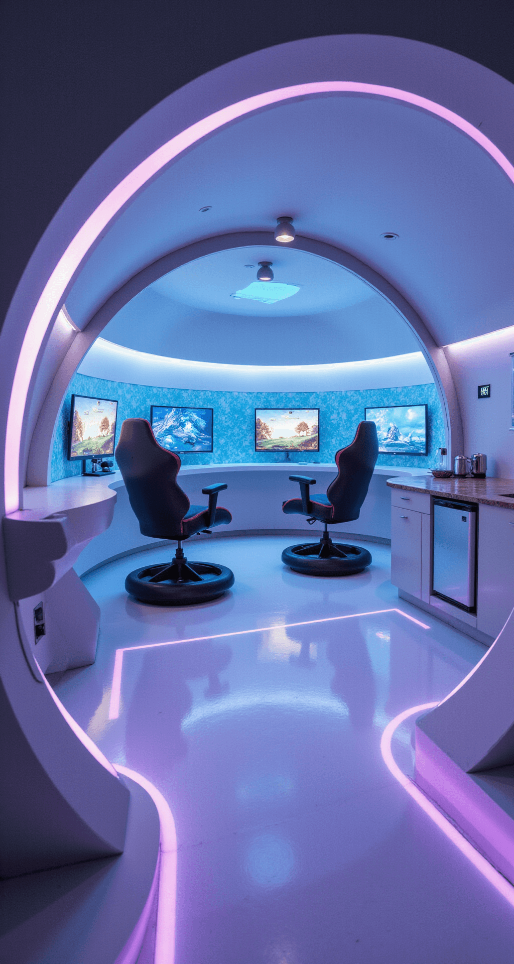 A futuristic gaming pod with curved walls, a domed ceiling, and color-changing LED strips, featuring two circular gaming stations with wraparound screens and floating chairs. The seamless white epoxy floor has glowing lines, and holographic displays on the walls showcase game stats. A compact kitchenette area is visible, all captured from a low angle to highlight the pod's sci-fi design.