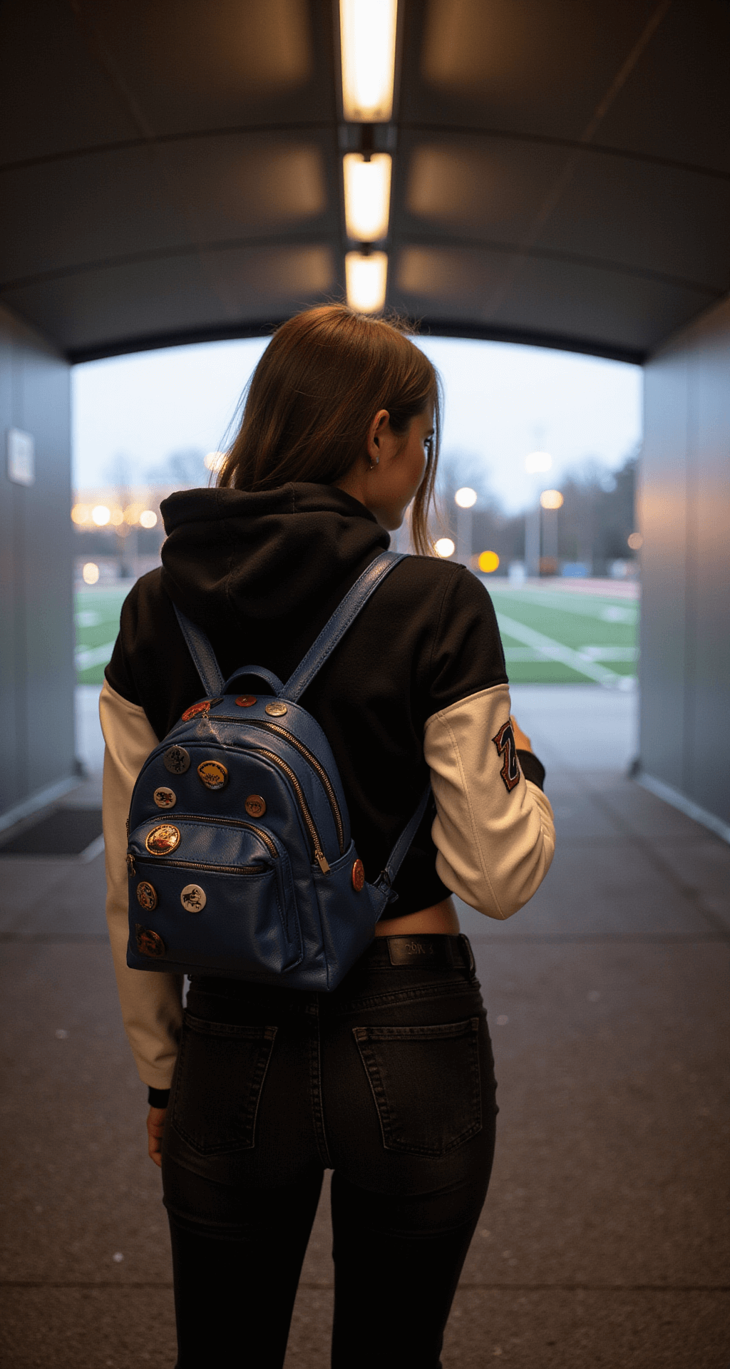 The Ultimate Guide to High School Football Game Fashion: Look Cute & Stay Comfy A student adjusting her outfit in a stadium tunnel, featuring a cropped hoodie beneath a varsity jacket, high-waisted black jeans, and a mini backpack adorned with team buttons, illuminated by moody lighting and the glow of field lights in the background.